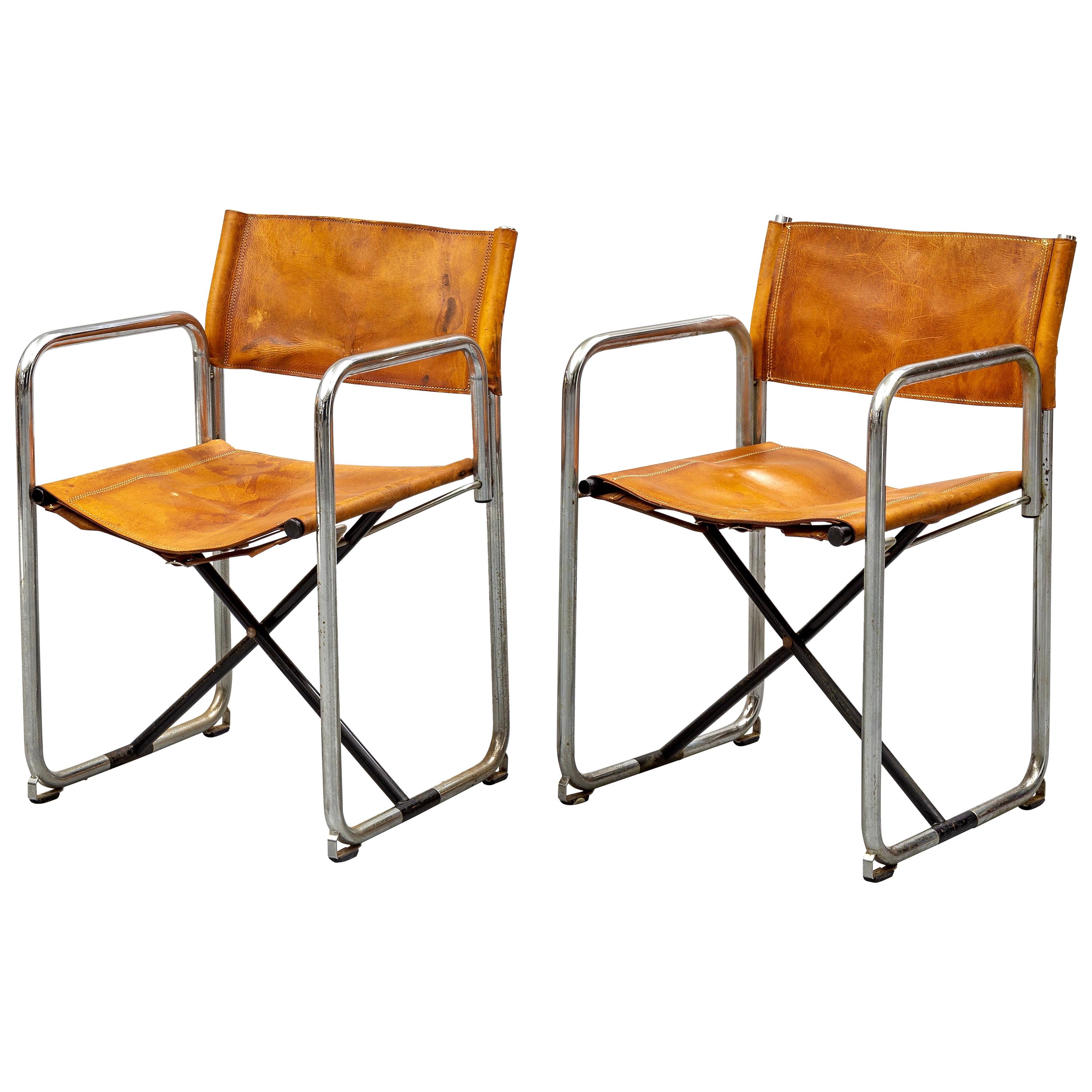 Borge Lindau & Bo Lindekrantz Leather Folding Chairs, Sweden 1965, Set of 2