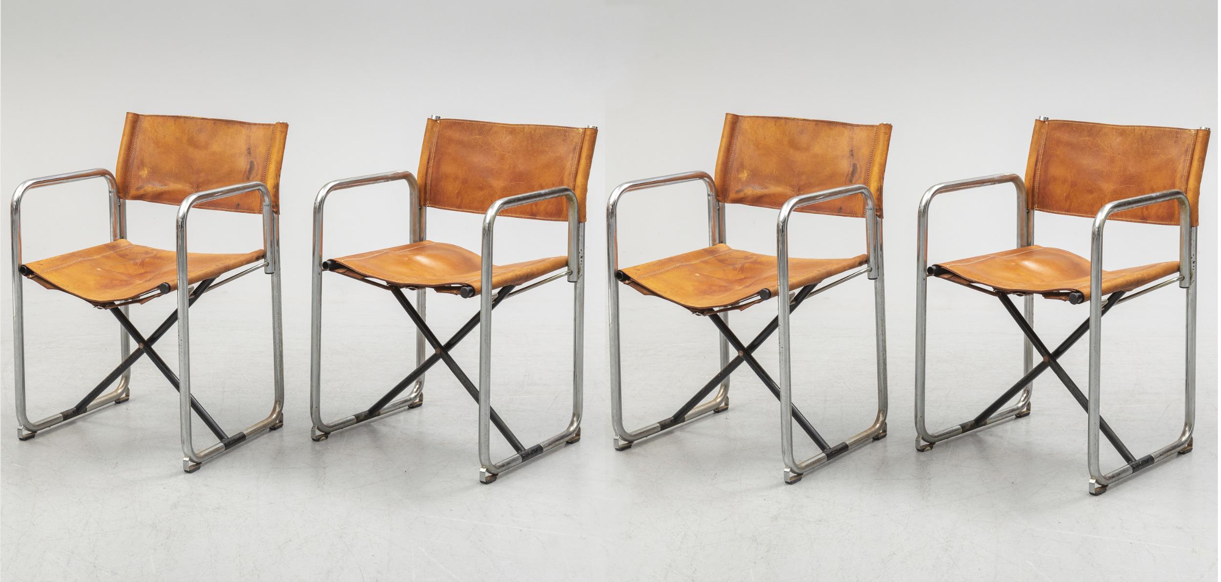 Early set of four folding chairs in chromed steel and original vegetal tanned leather, designed by Borge Lindau & Bo Lindekrantz and produced from the 1960s by Swedish Lammhults.