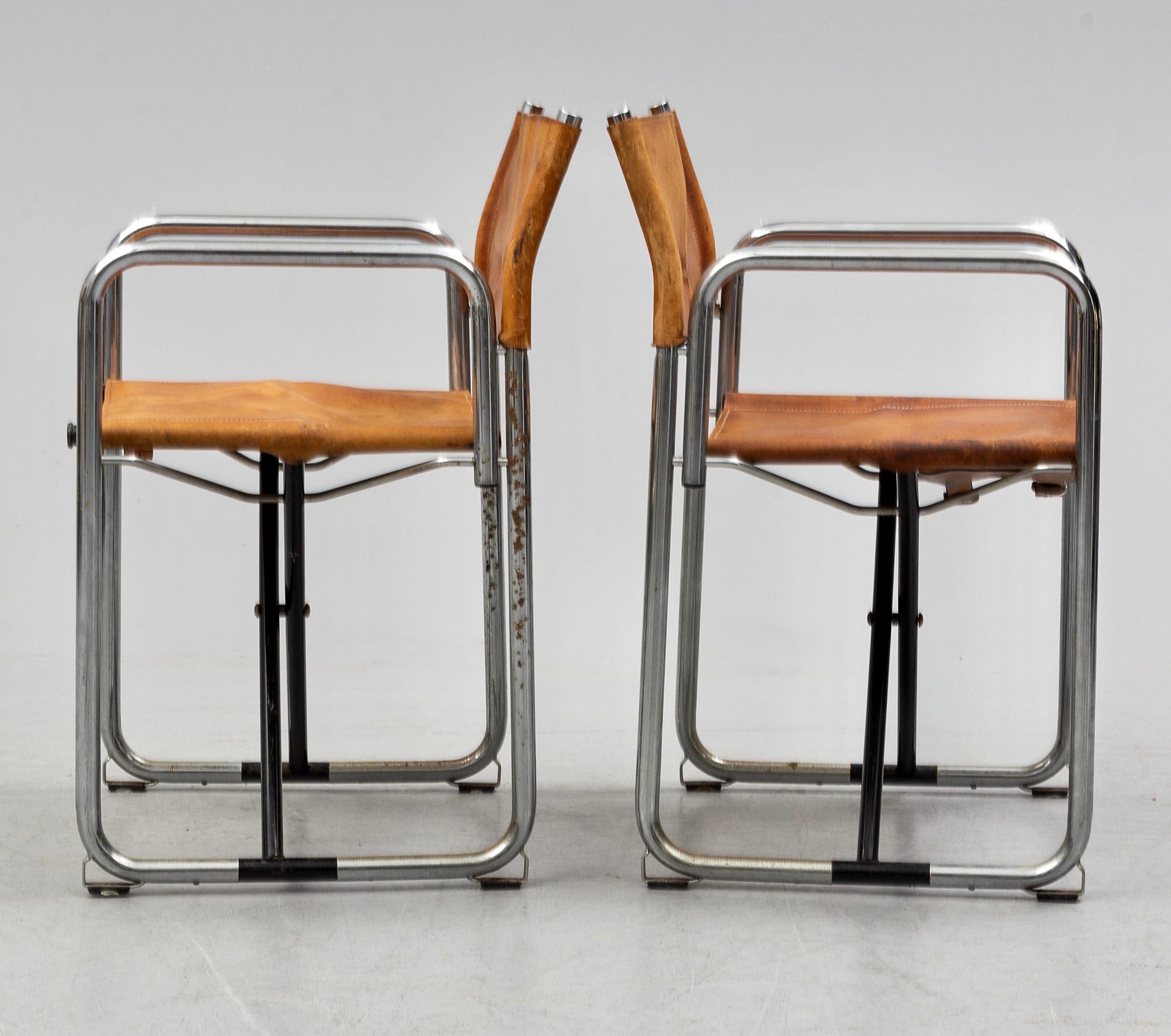 Scandinavian Modern Borge Lindau & Bo Lindekrantz Leather Folding Chairs, Sweden 1965, Set of 4