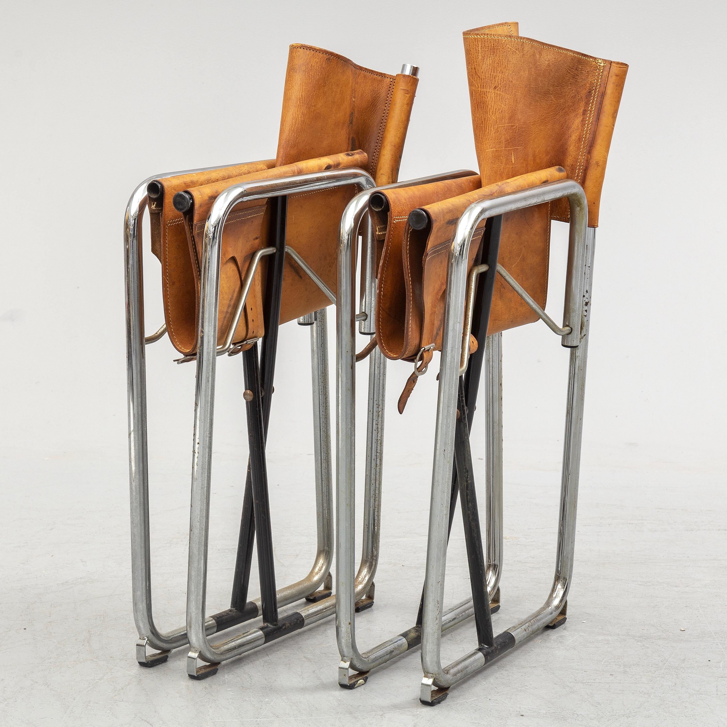 Swedish Borge Lindau & Bo Lindekrantz Leather Folding Chairs, Sweden 1965, Set of 4