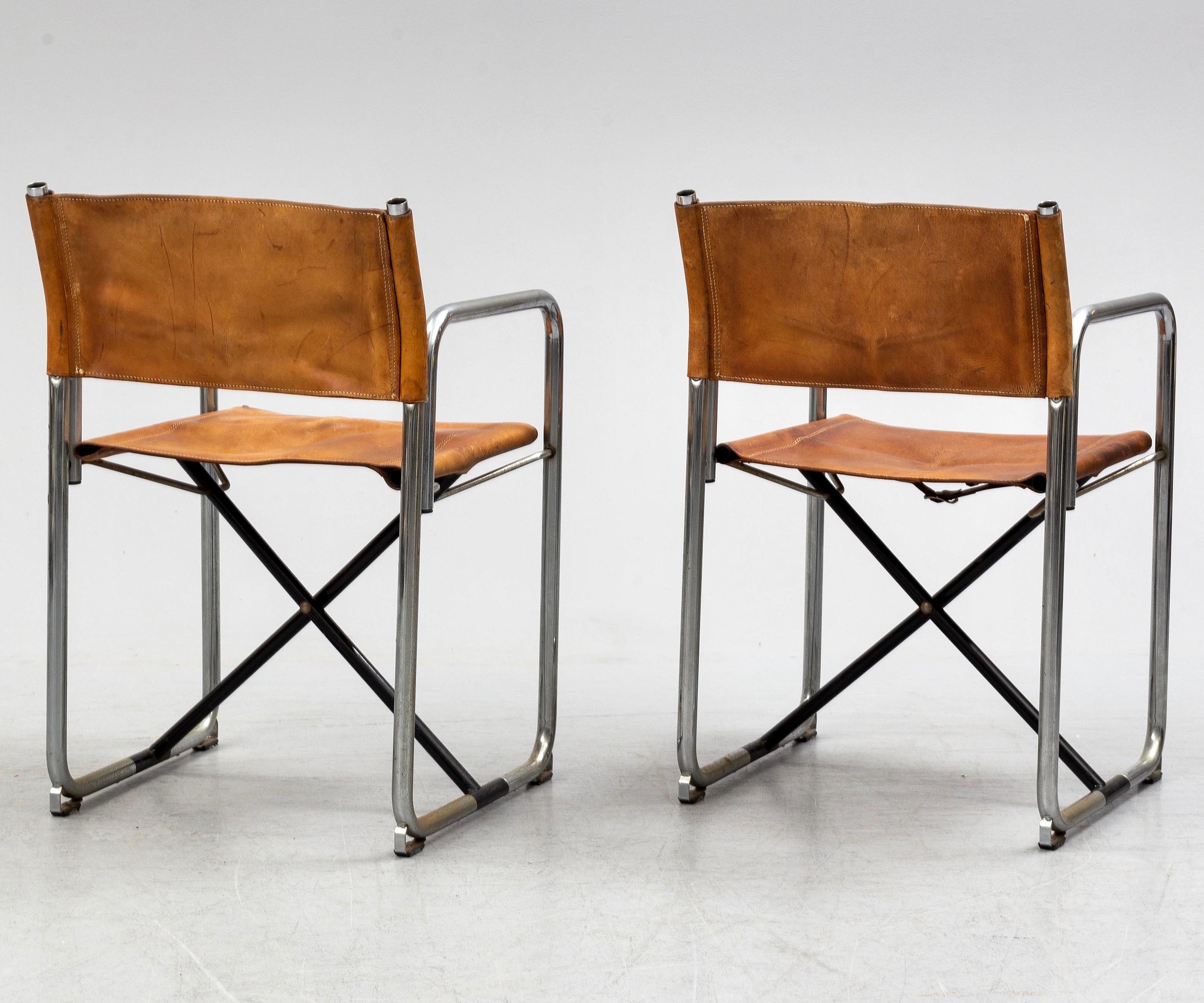 Steel Borge Lindau & Bo Lindekrantz Leather Folding Chairs, Sweden 1965, Set of 4