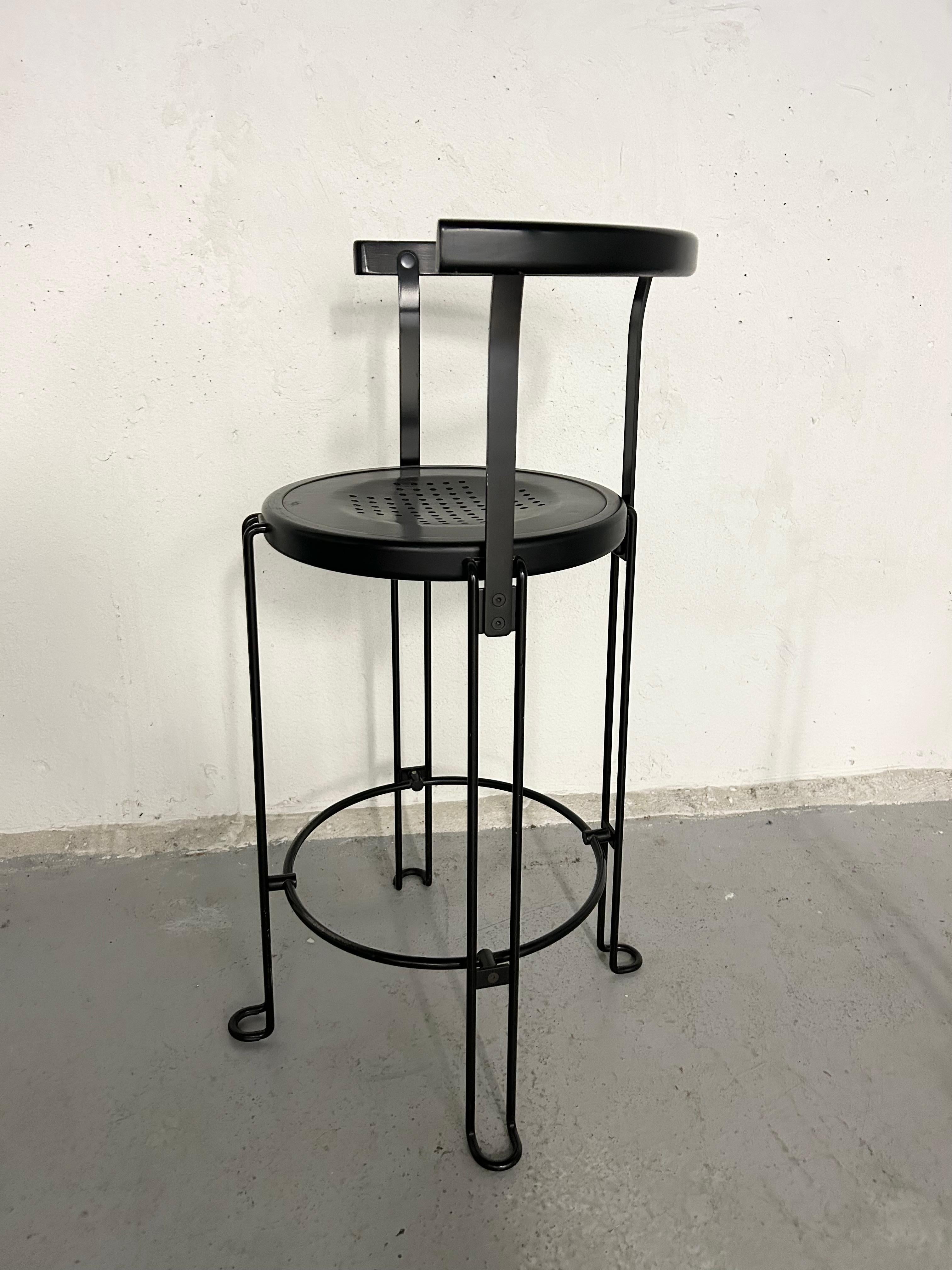 Borge Lindau for Bla Station Sweden, 1986.
B4-65 Counter Height Stool, from the Oblado Series. Industrial design of black lacquered steel and birch. Normal wear for age.