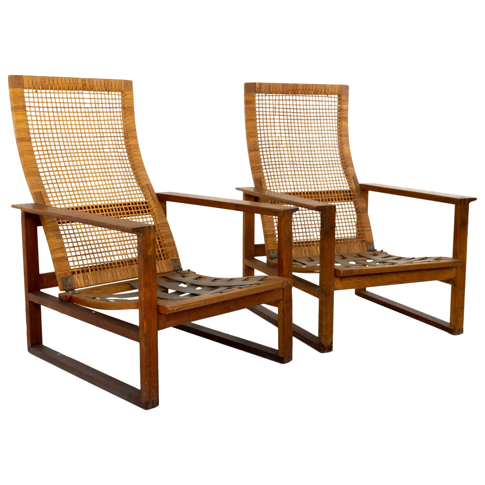 Borge Mogensen 2254 Mid Century Oak and Cane Highbacked Lounge Chairs, Pair
