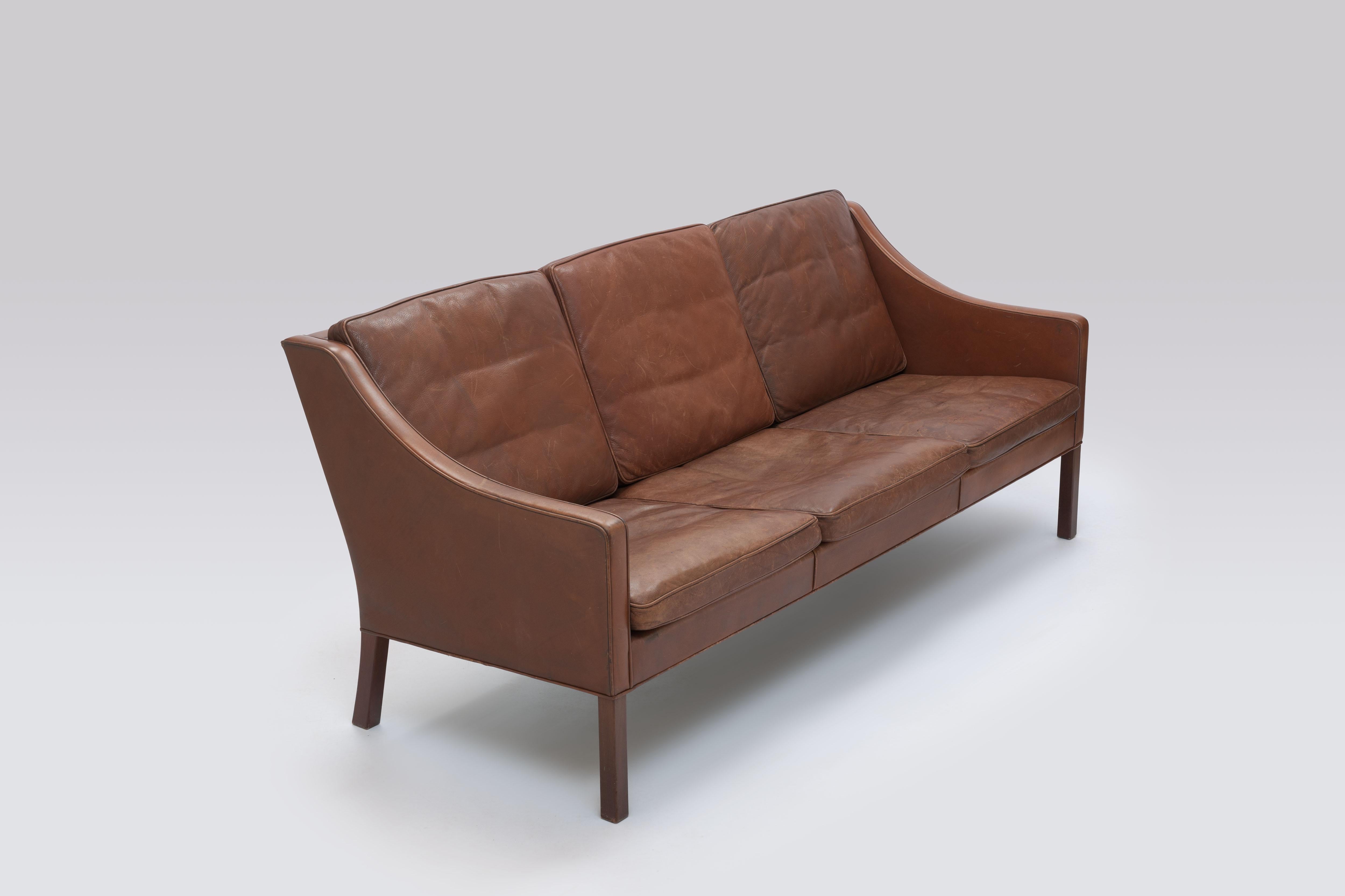 Scandinavian Modern Borge Mogensen, Brown Leather Model 2208 Three Seat Sofa by Frederica 