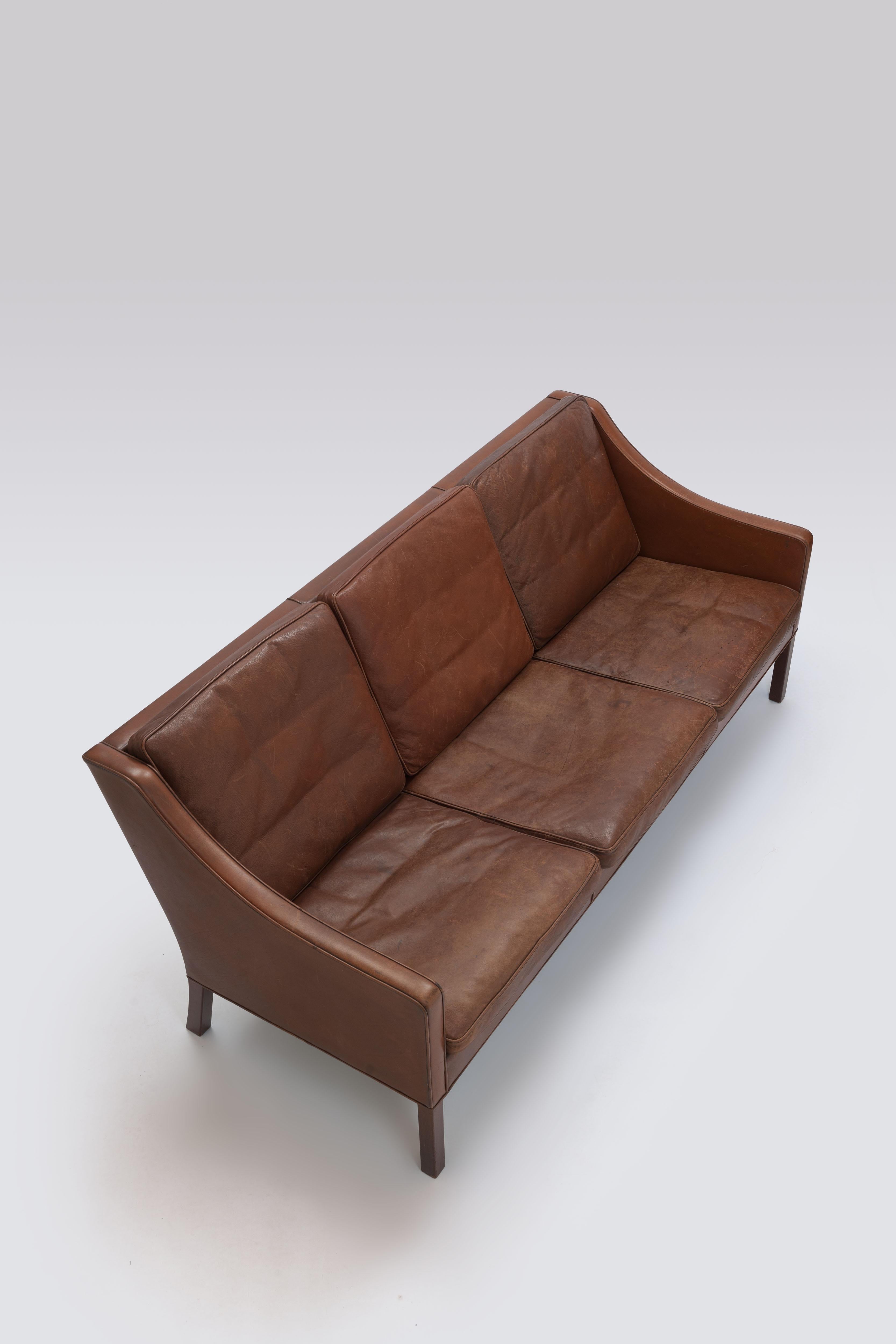 Danish Borge Mogensen, Brown Leather Model 2208 Three Seat Sofa by Frederica 