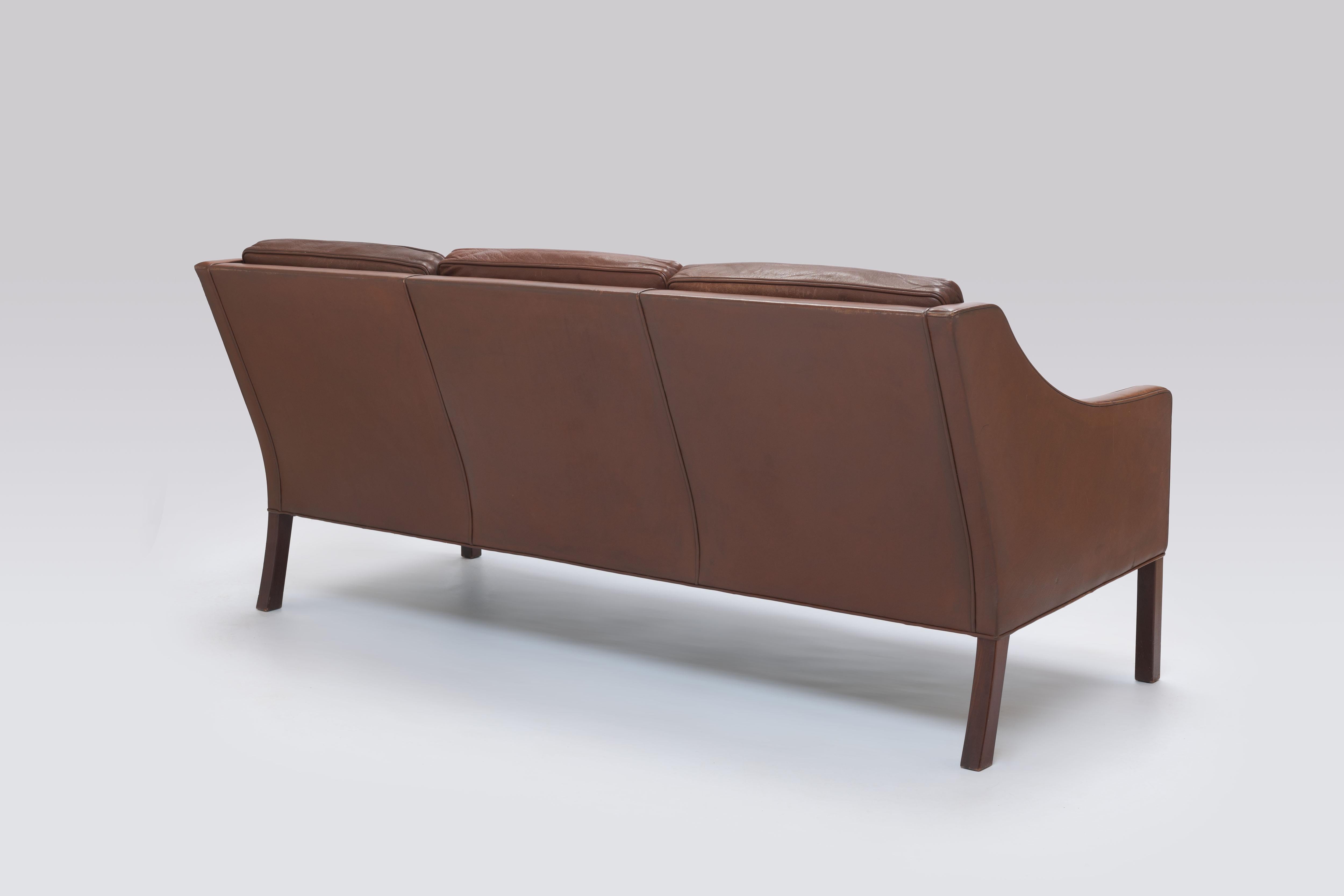 Mid-20th Century Borge Mogensen, Brown Leather Model 2208 Three Seat Sofa by Frederica 