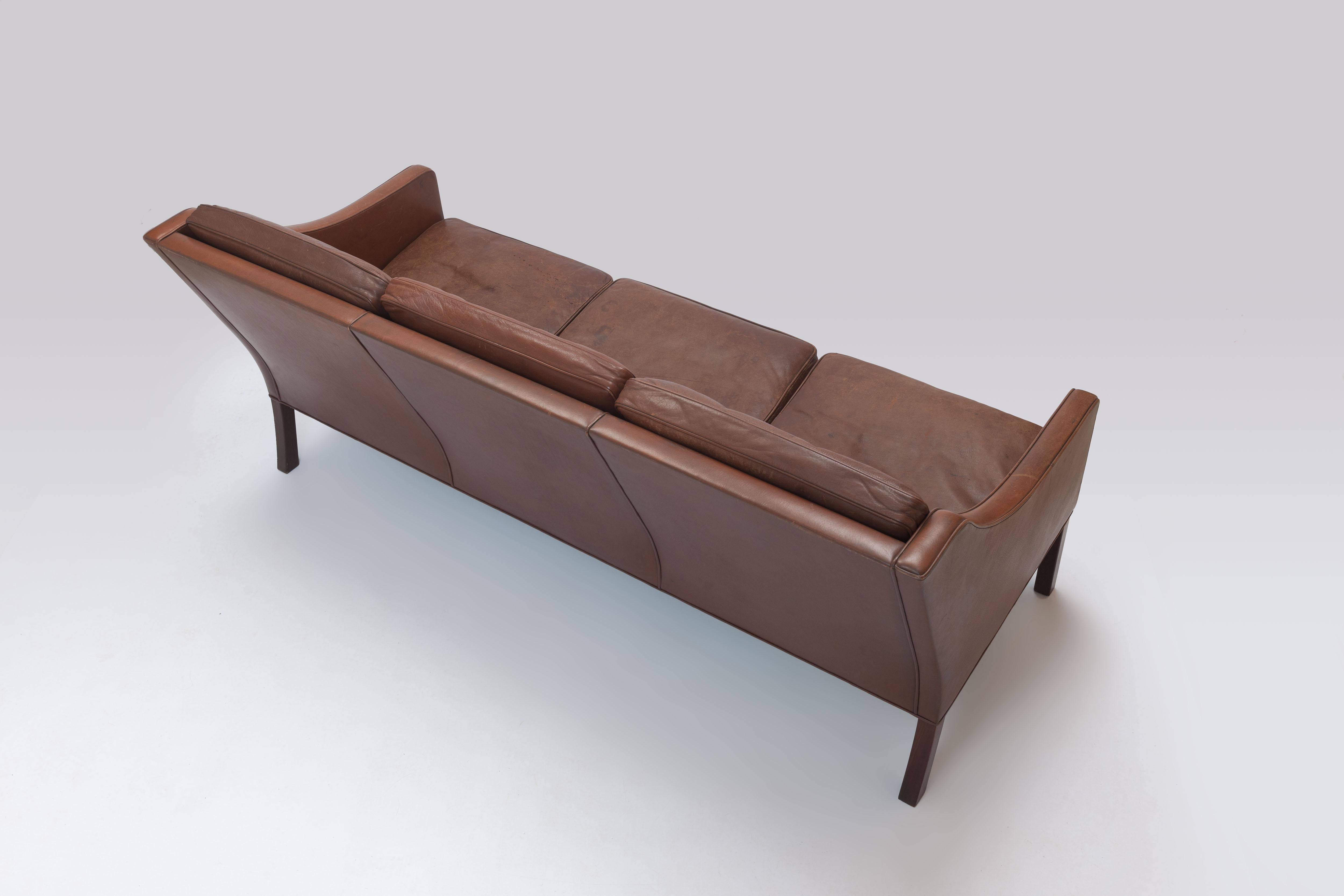 Borge Mogensen, Brown Leather Model 2208 Three Seat Sofa by Frederica  1