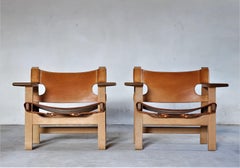 Borge Mogensen Danish Modern Spanish Chairs in Oak and Saddle Leather