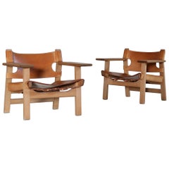 Borge Mogensen Danish Modern Spanish Chairs in Oak and Saddle Leather
