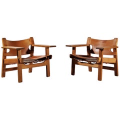 Børge Mogensen Danish Modern Spanish Chairs in Oak and Saddle Leather