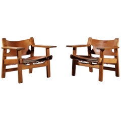 Børge Mogensen Danish Modern Spanish Chairs in Oak and Saddle Leather