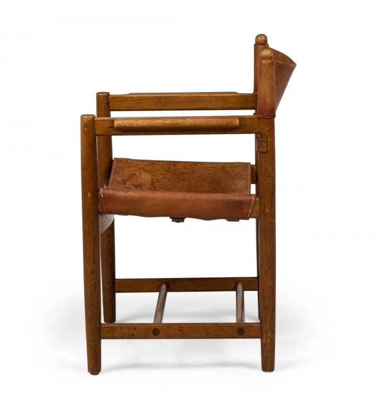 Scandinavo moderno Sedia a braccio da pranzo con fionda spagnola in pelle di Oak Oak danese modello 3237 di Borg Mogensen in vendita