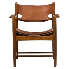 Borge Mogensen Danish Oak Leather Spanish Sling Dining arm Chair model 3237