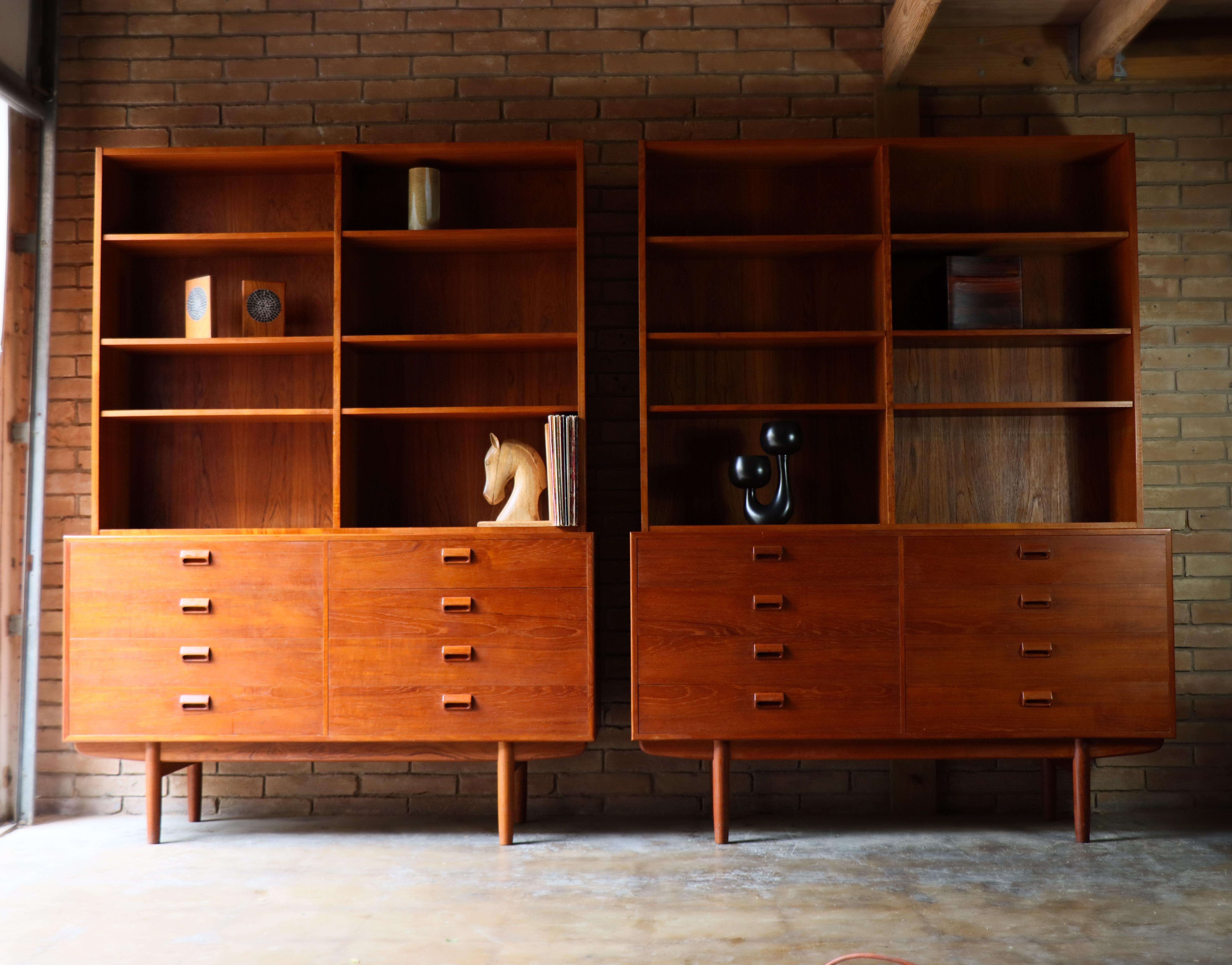*pair available - priced individually* 

A lovely 8 drawer dresser chests with bookcase tops designed by Borge Mogensen for Soborg-Denmark, 1960s. 

Executed in old growth teak these beautiful examples are one of the more iconic designs in Mogensens