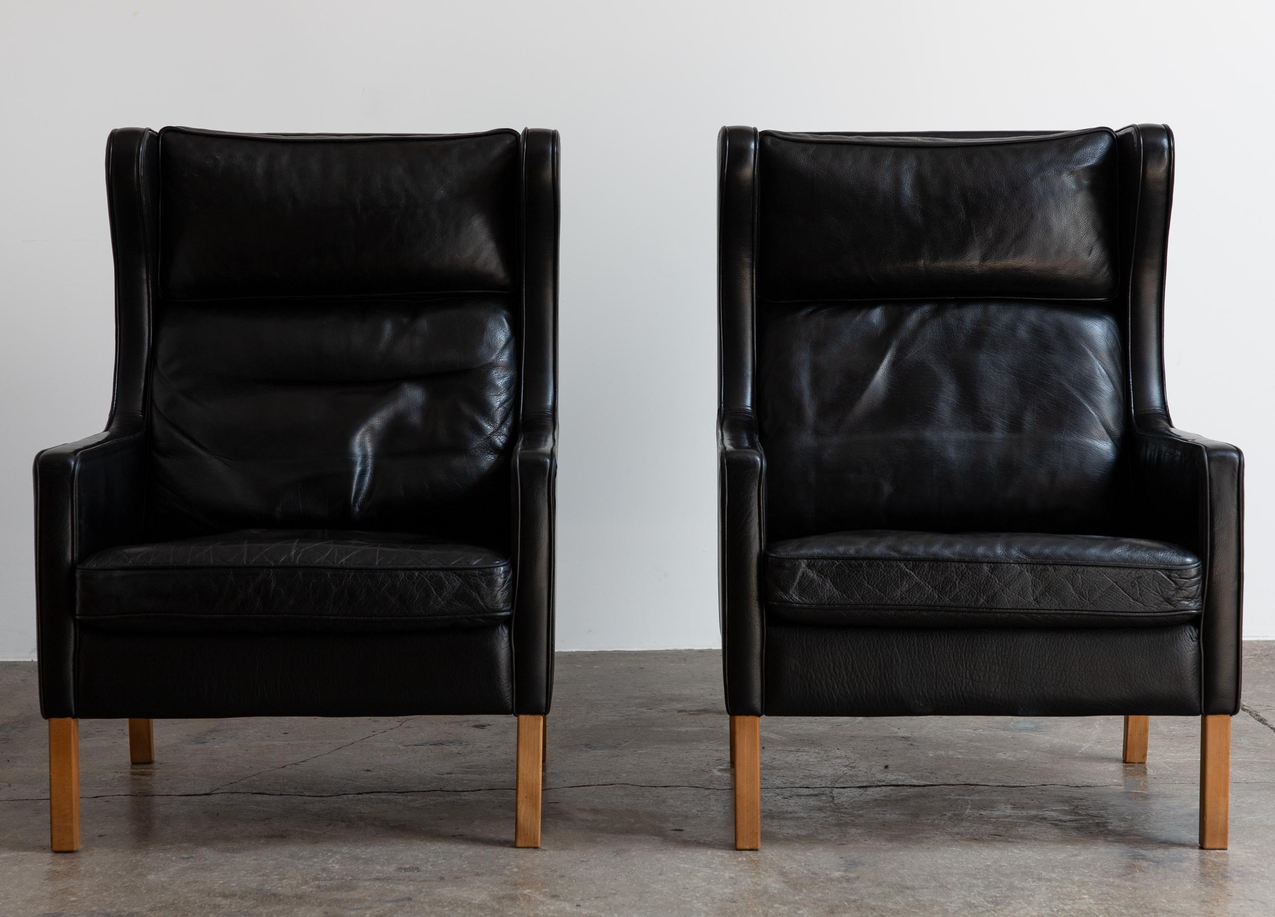 Danish Borge Mogensen for Fredericia Black Leather Wingback Chairs - Pair of Model 2204