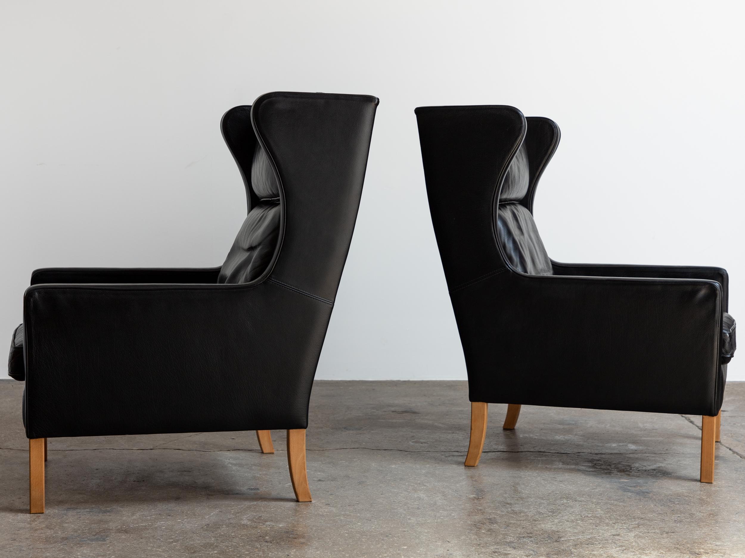Mid-20th Century Borge Mogensen for Fredericia Black Leather Wingback Chairs - Pair of Model 2204