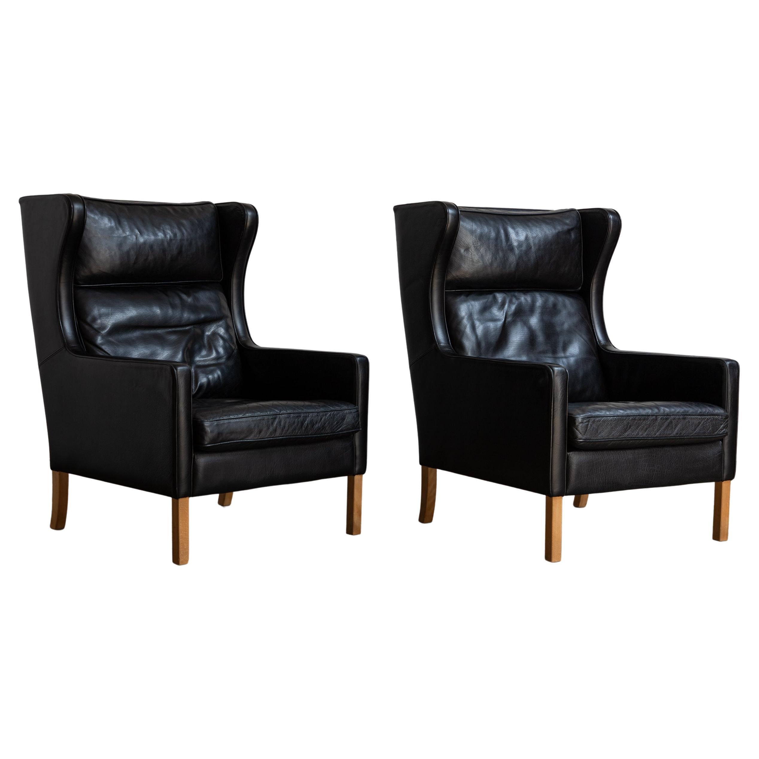 Borge Mogensen for Fredericia Black Leather Wingback Chairs - Pair of Model 2204