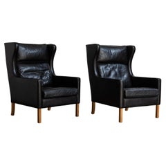 Vintage Borge Mogensen for Fredericia Black Leather Wingback Chairs - Pair of Model 2204