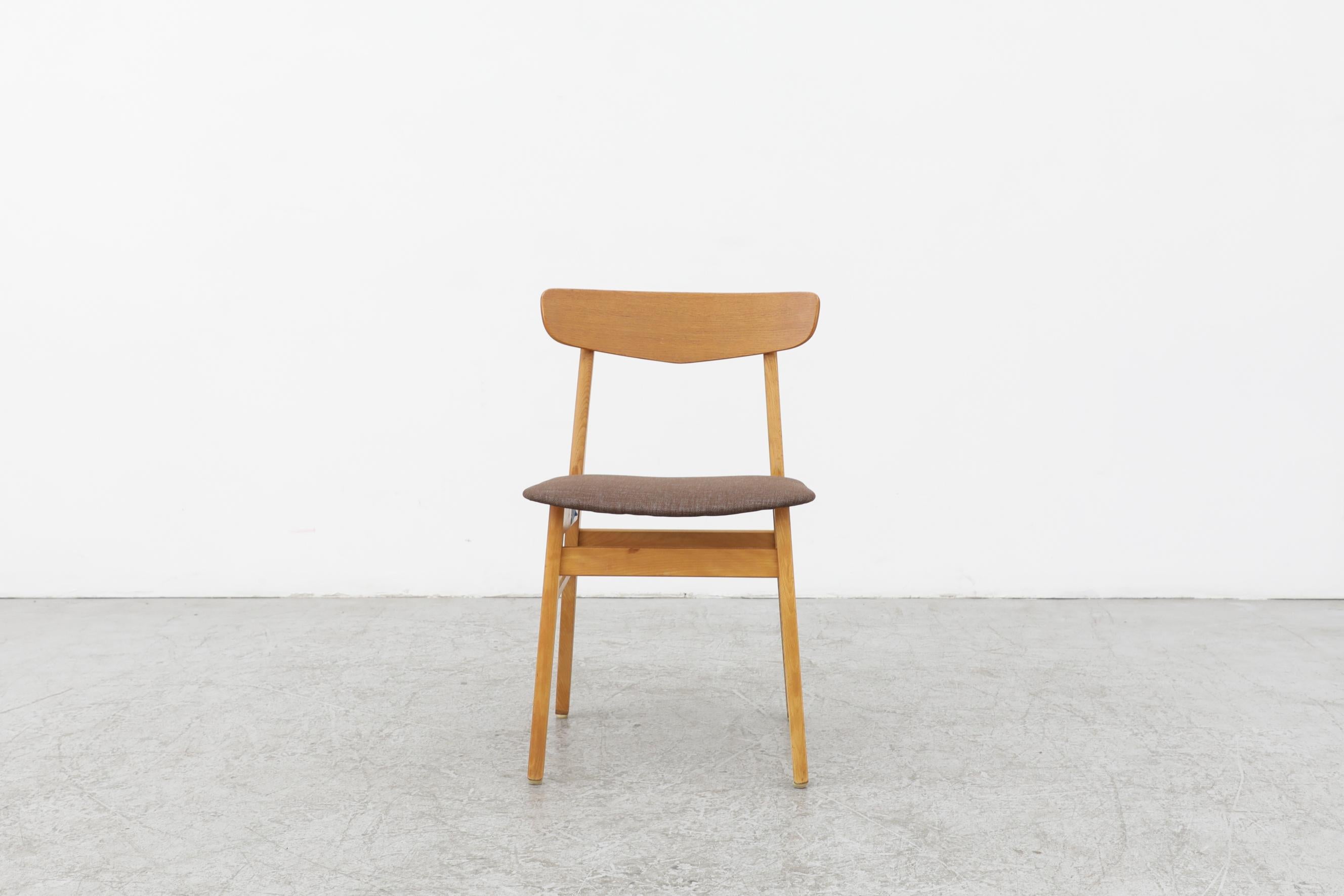 Borge Mogensen inspired dining chair by Farstrup with a blonde wood frame and retro 60's shaped curved teak back. The seat seems to be floating seats. The upholstery may have been changed by previous owner. In otherwise original condition with some