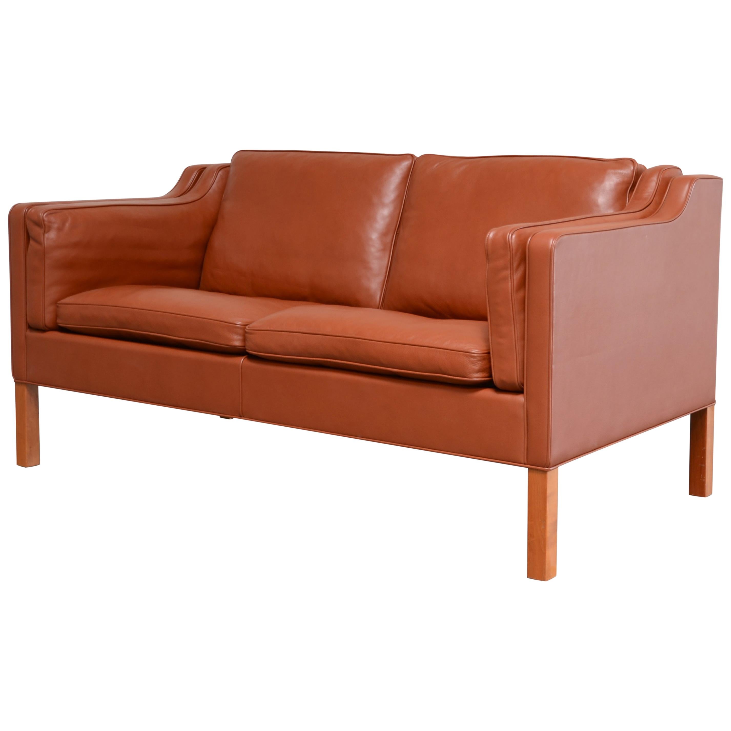 Borge Mogensen Leather Sofa Model 2212 Red Brandy Cognac for Fredericia