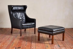 Borge Mogensen Leather Wingback Armchair with Ottoman