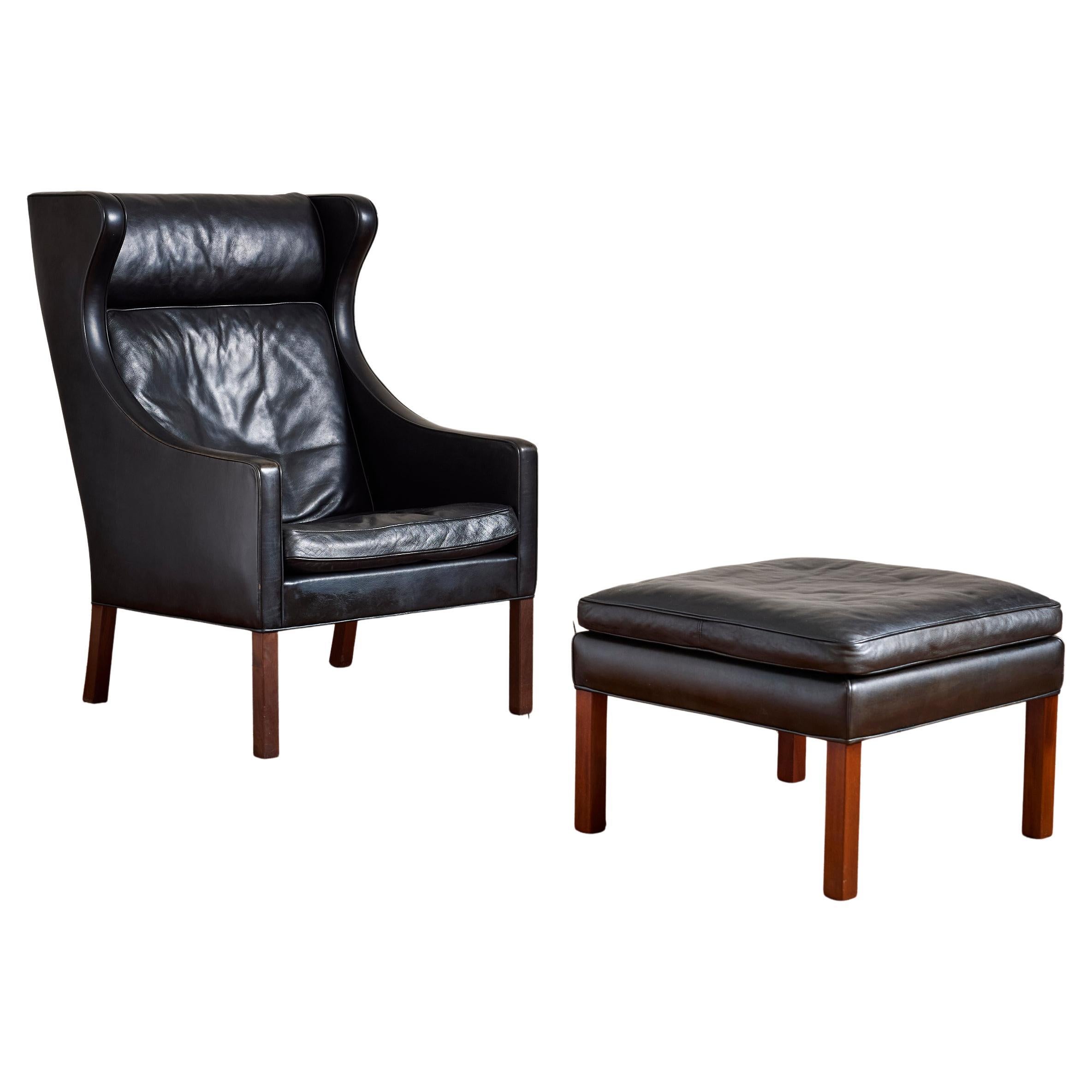 Borge Mogensen Leather Wingback Armchair with Ottoman