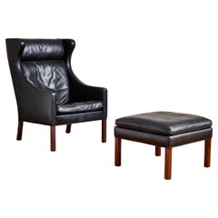 Borge Mogensen Leather Wingback Armchair with Ottoman