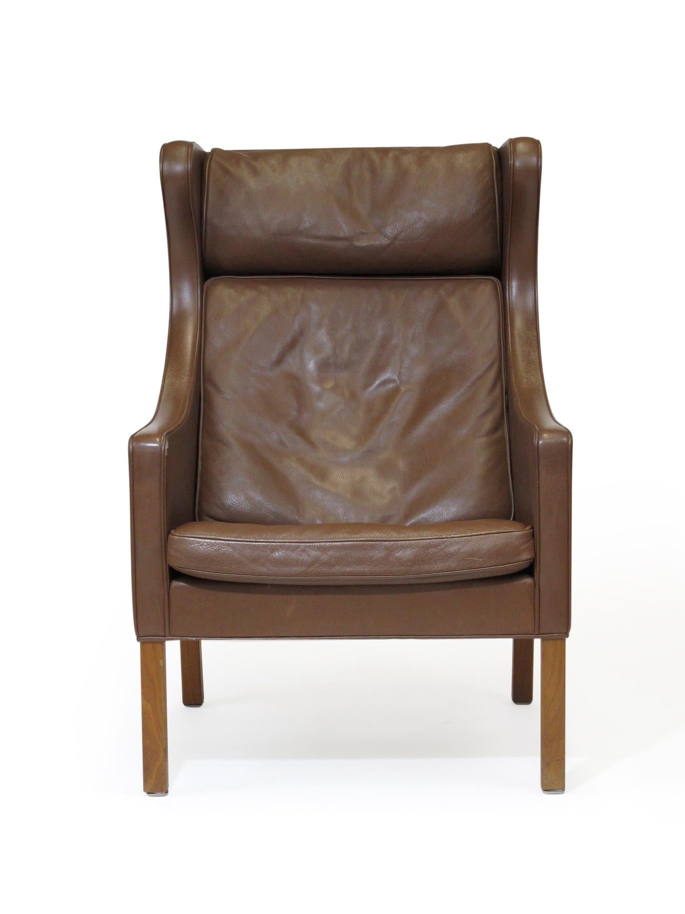 Danish Borge Mogensen Model 2204 Highback Brown Leather Lounge Chairs with Ottoman
