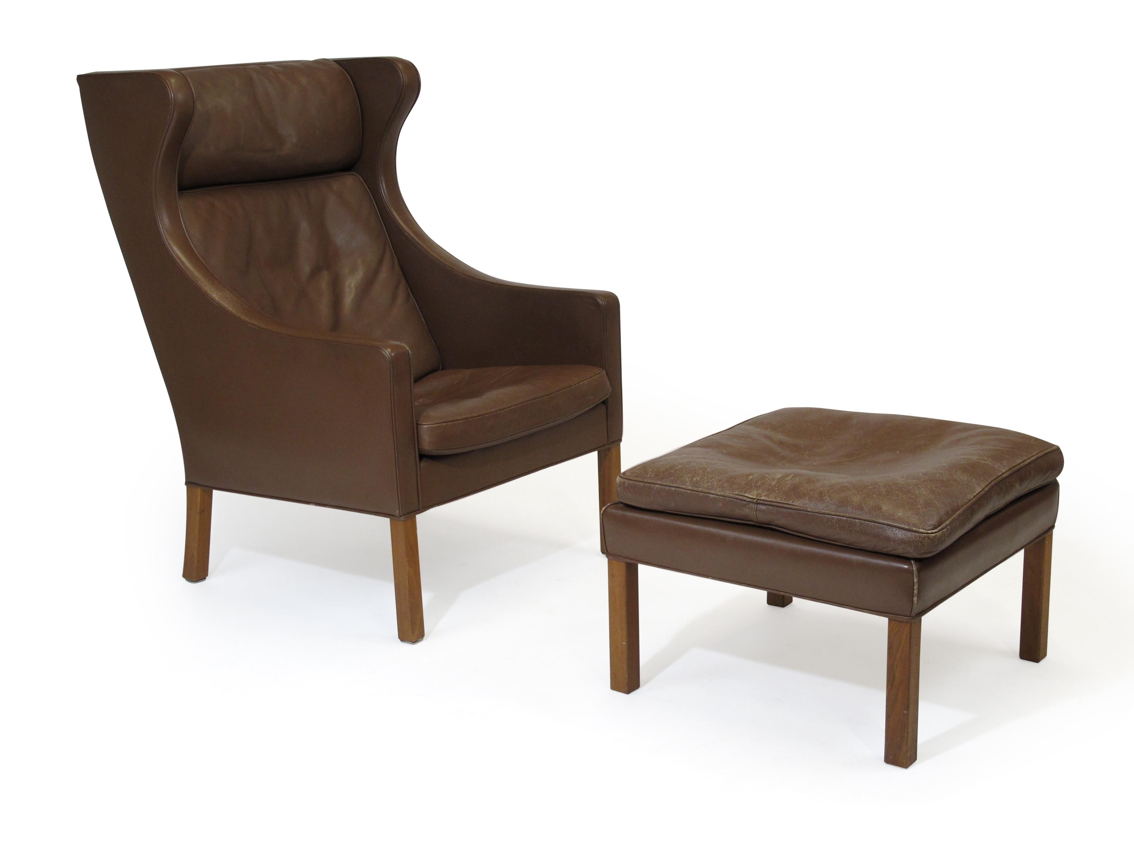 Borge Mogensen Model 2204 Highback Brown Leather Lounge Chairs with Ottoman 1