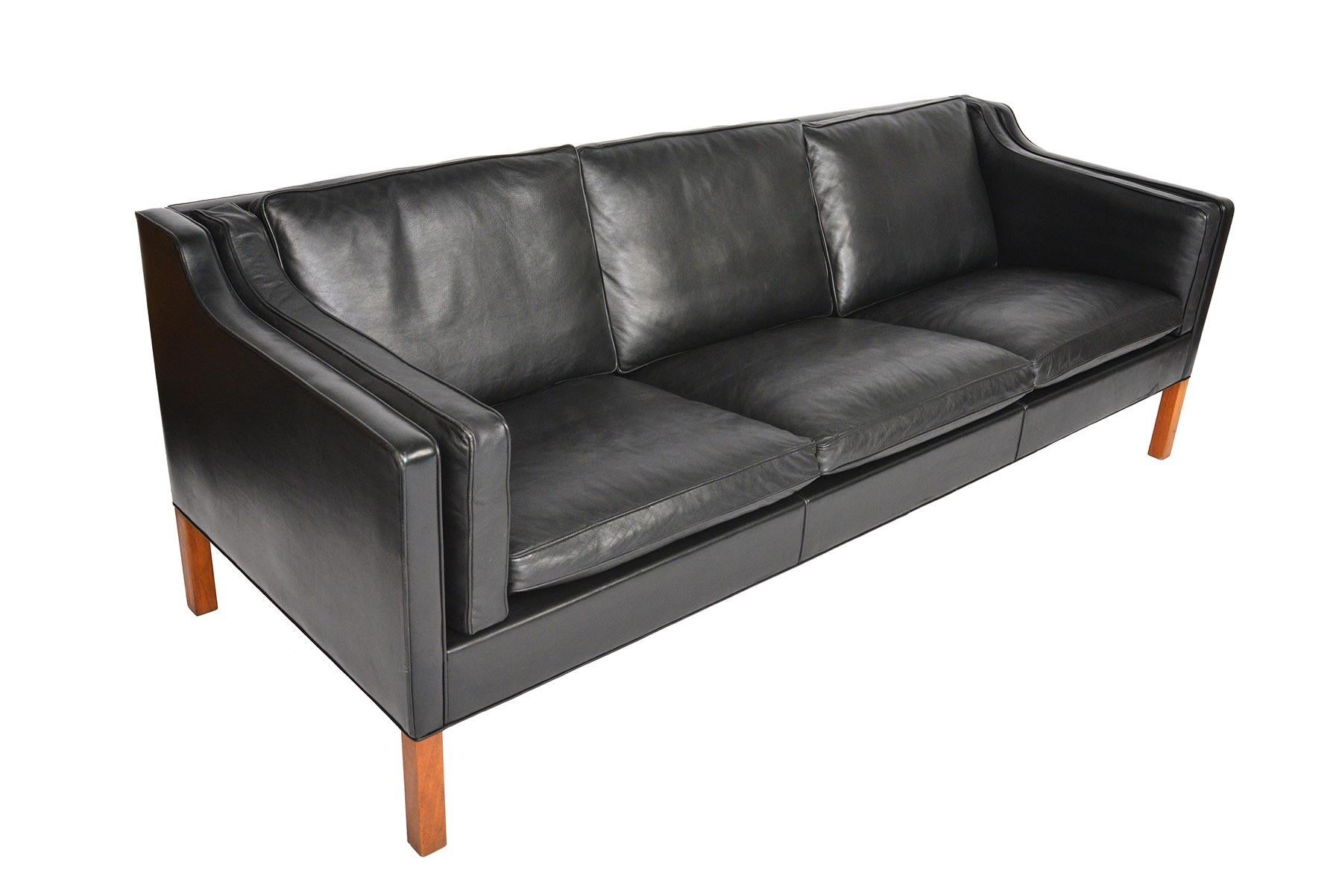 Scandinavian Modern Borge Mogensen Model 2213 Black Leather Three-Seat Sofa
