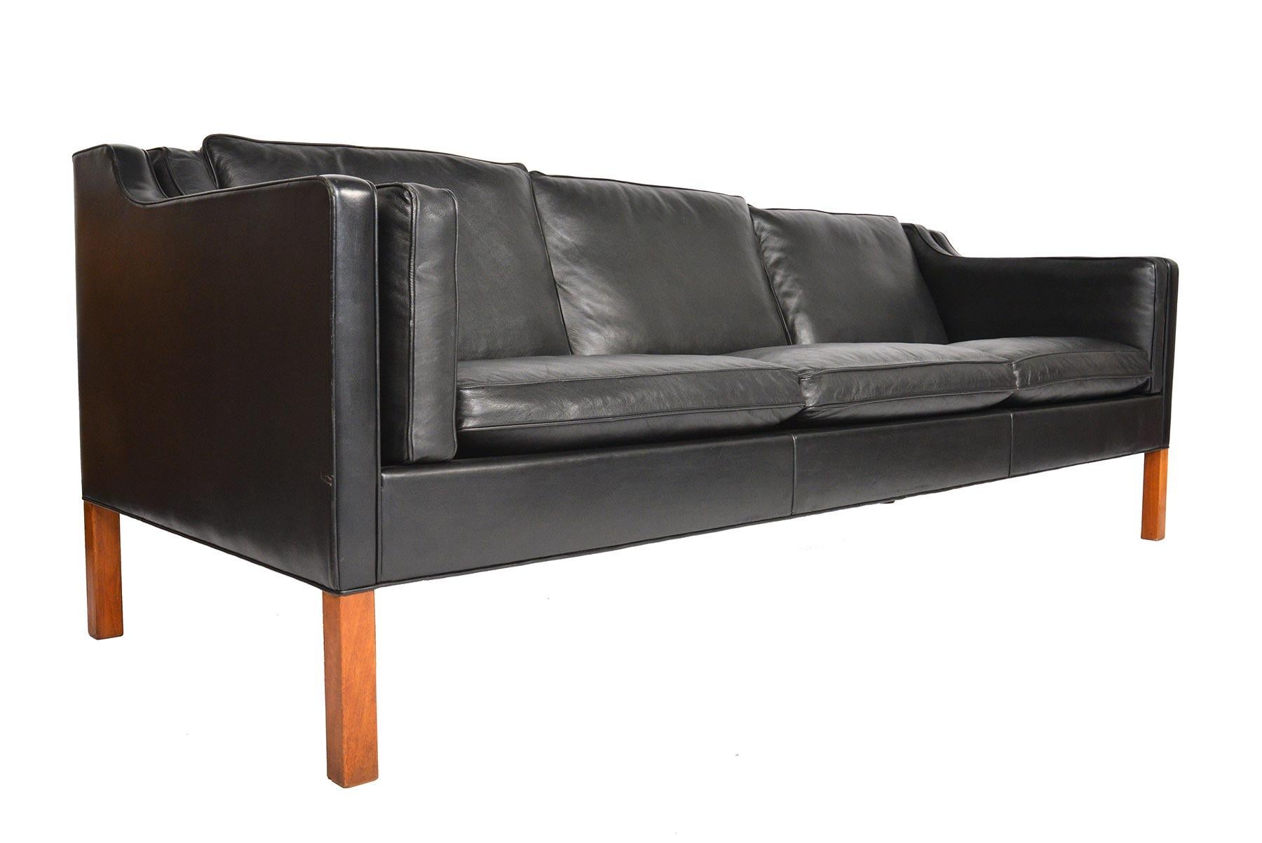 Danish Borge Mogensen Model 2213 Black Leather Three-Seat Sofa