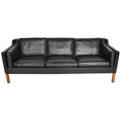 Borge Mogensen Model 2213 Black Leather Three-Seat Sofa
