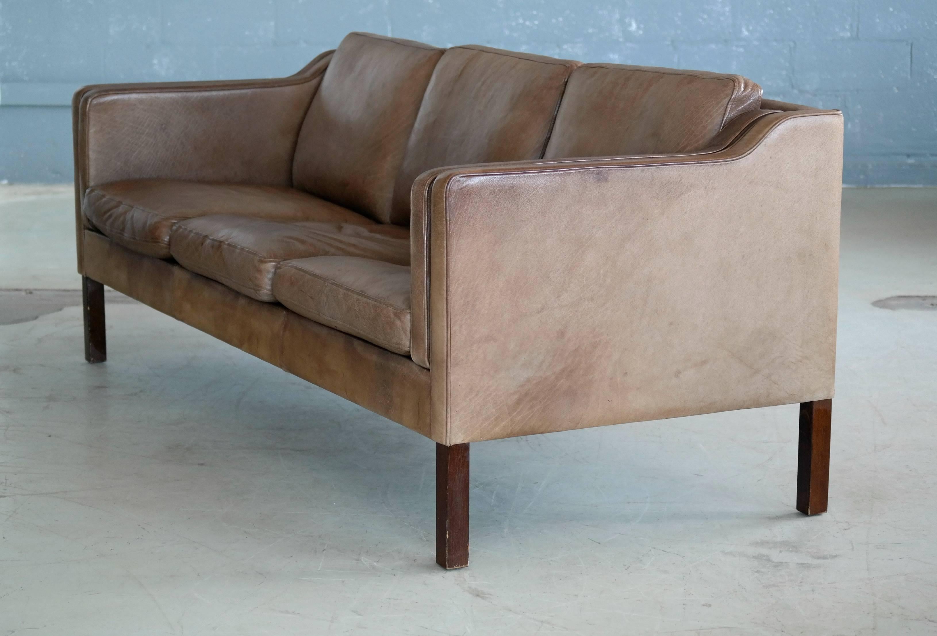 Scandinavian Modern Borge Mogensen Model 2213 Style Sofa in Cappuccino Colored Buffalo Leather