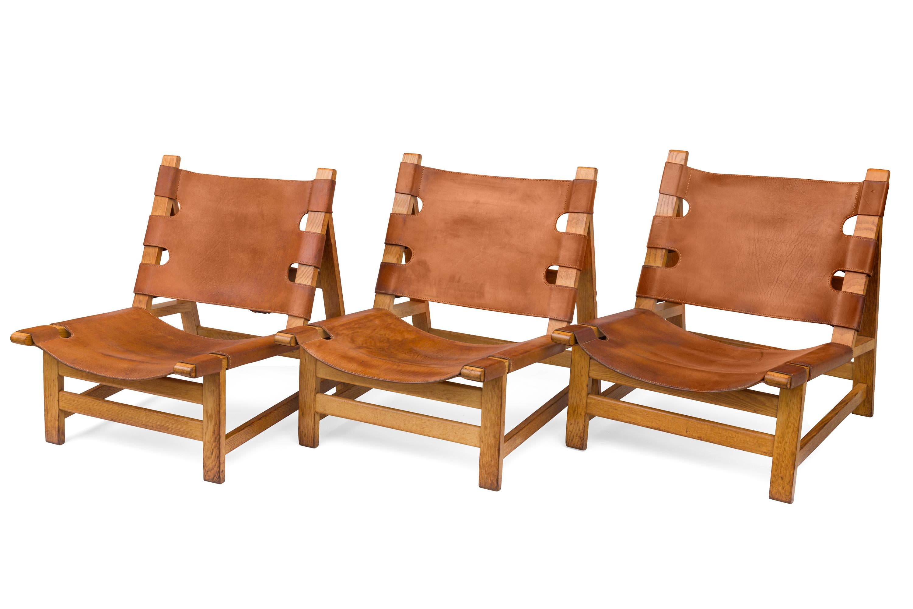 Scandinavian Modern Børge Mogensen Oak and Leather Lounge Chairs, Denmark, 1960s For Sale