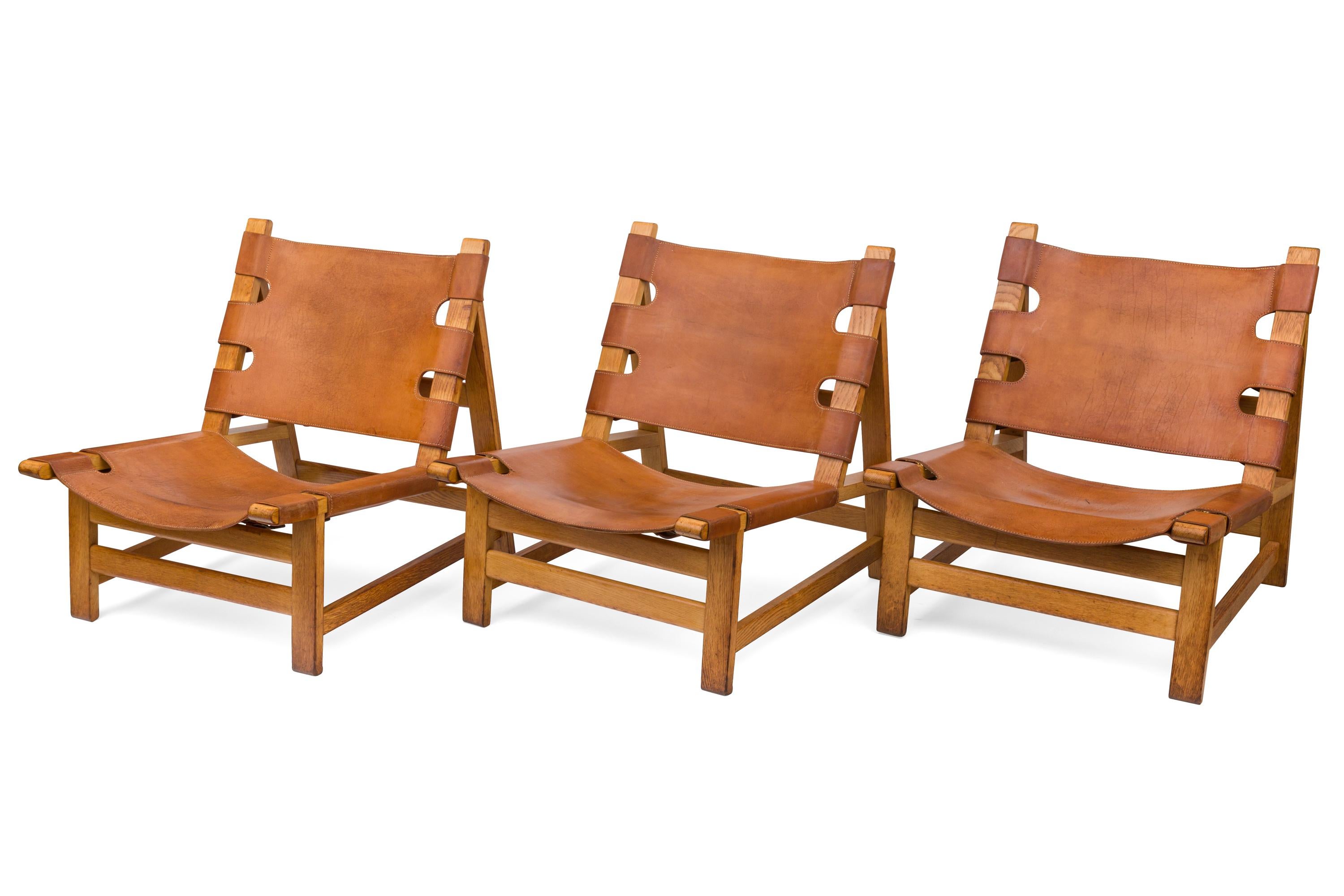Danish Børge Mogensen Oak and Leather Lounge Chairs, Denmark, 1960s For Sale
