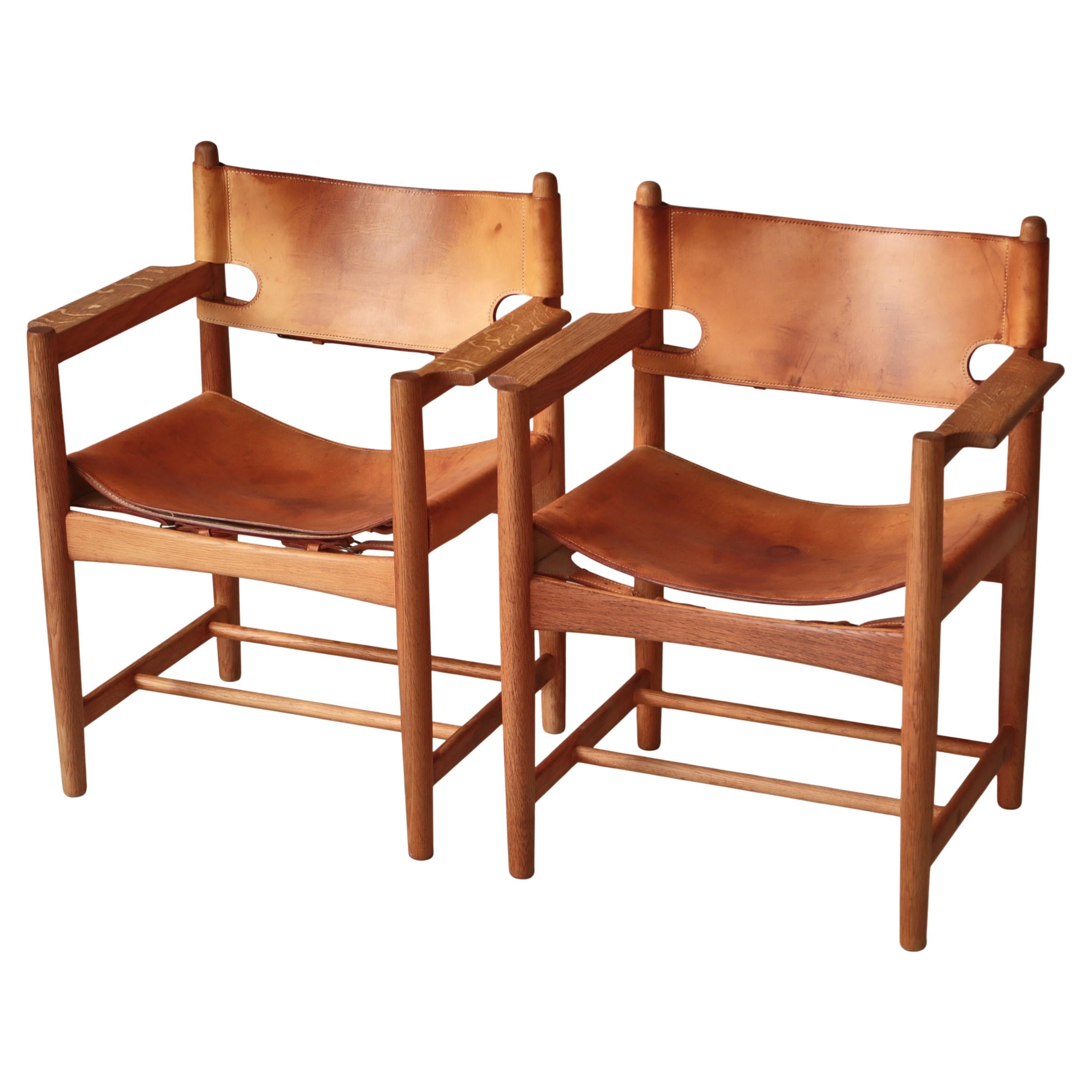 Börge Mogensen Oak & Leather "Spanish" Dining Arm Chairs Model BM3238, 1970s