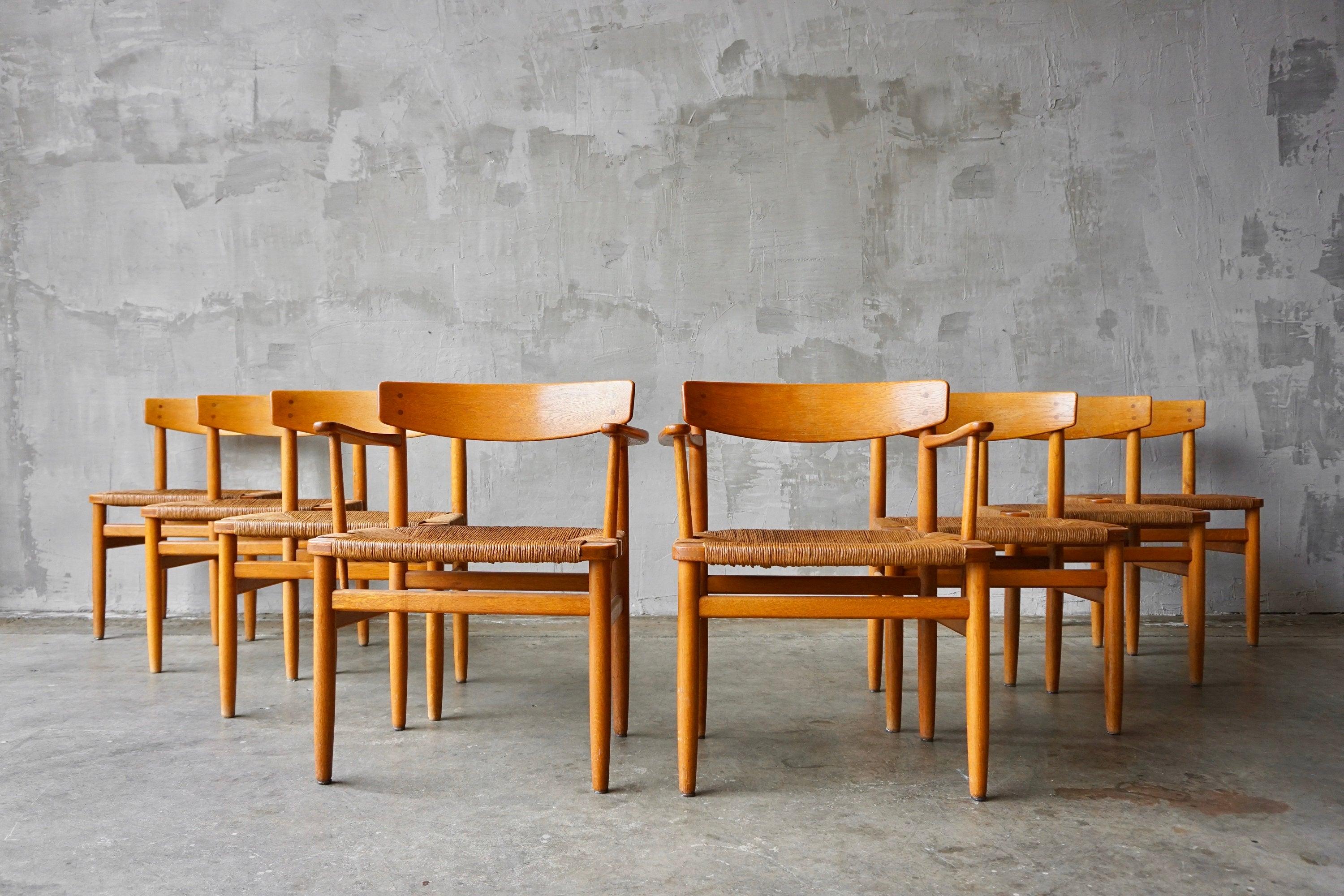 Beautiful and gracefully aged set of eight ‘Oresund’ dining chairs designed by Børge Mogensen for Karl Andersson, circa 1950s.

Each retains original rope cording and finish to the oak frames with an incredibly warm developed patina. 

Set