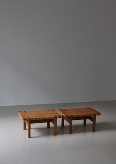 Set di tavolini/banchetti Borge Mogensen in Oak e canna di rattan, anni '1960, Danimarca