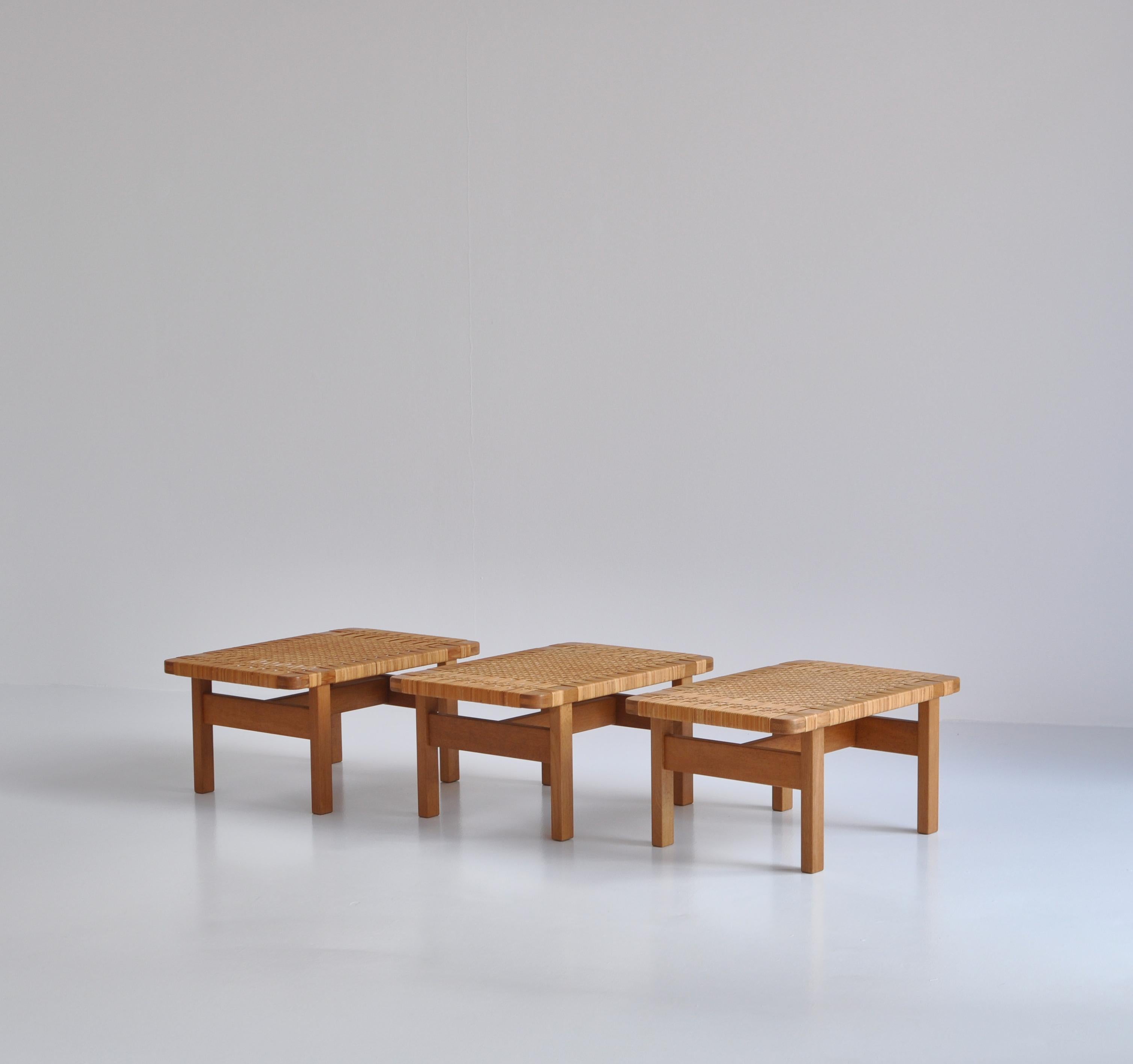 Scandinavian Modern Borge Mogensen Side Tables or Benches in Oak and Rattan Cane, 1950s, Denmark