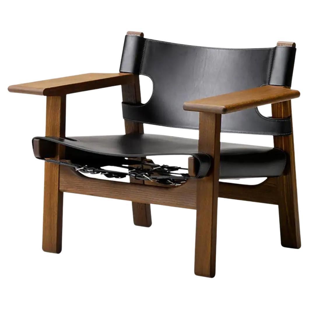 Spanischer Stuhl von Borge Mogensen, Gestell aus geräucherter Eiche, schwarzes Sattelleder im Angebot