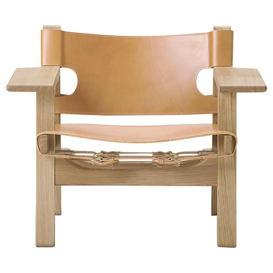 Borge Mogensen Spanish Chair, White / Light Oil, Natural Leather For Sale