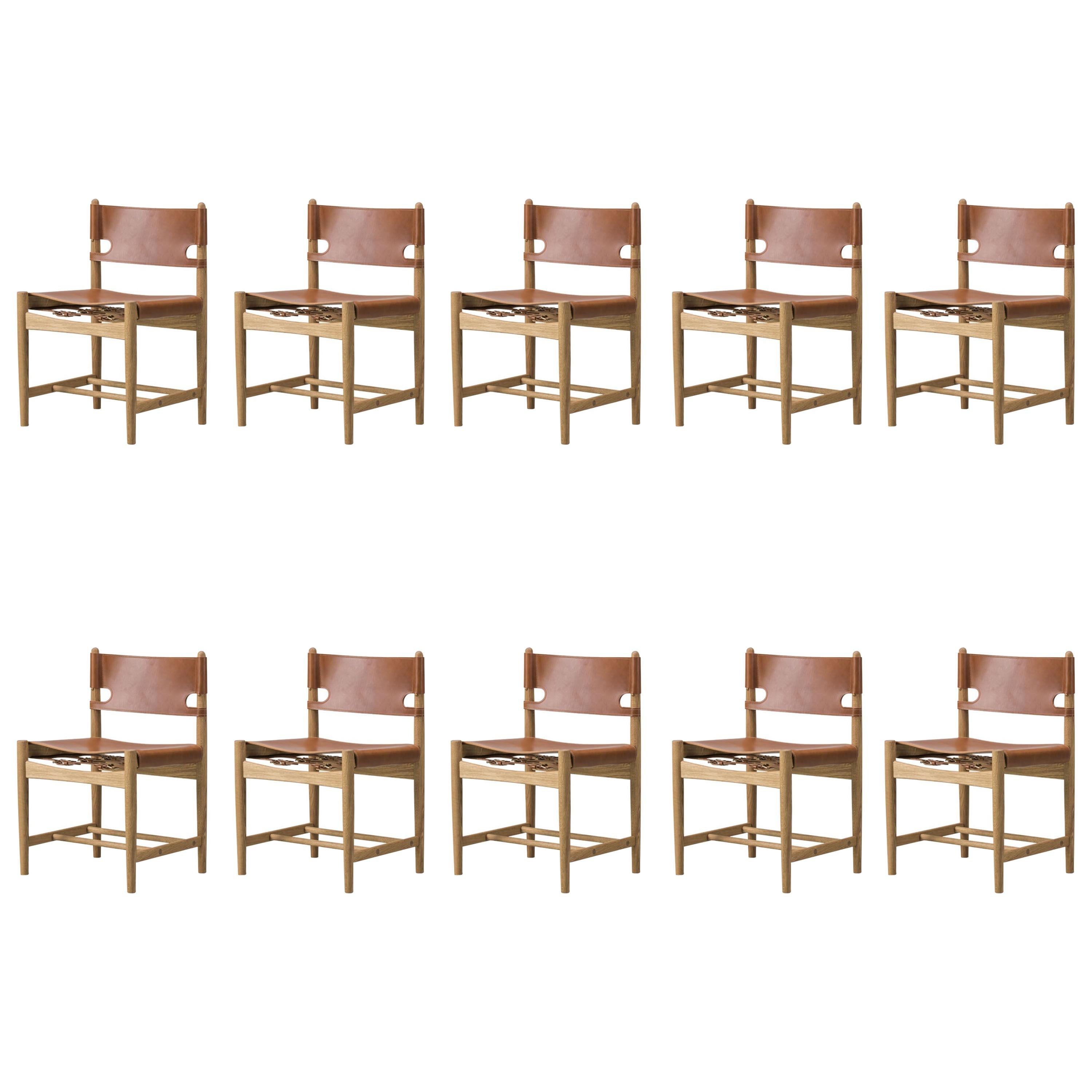 Borge Mogensen Spanish Dining Chair, Soaped Oak, Natural Leather, Set of 10