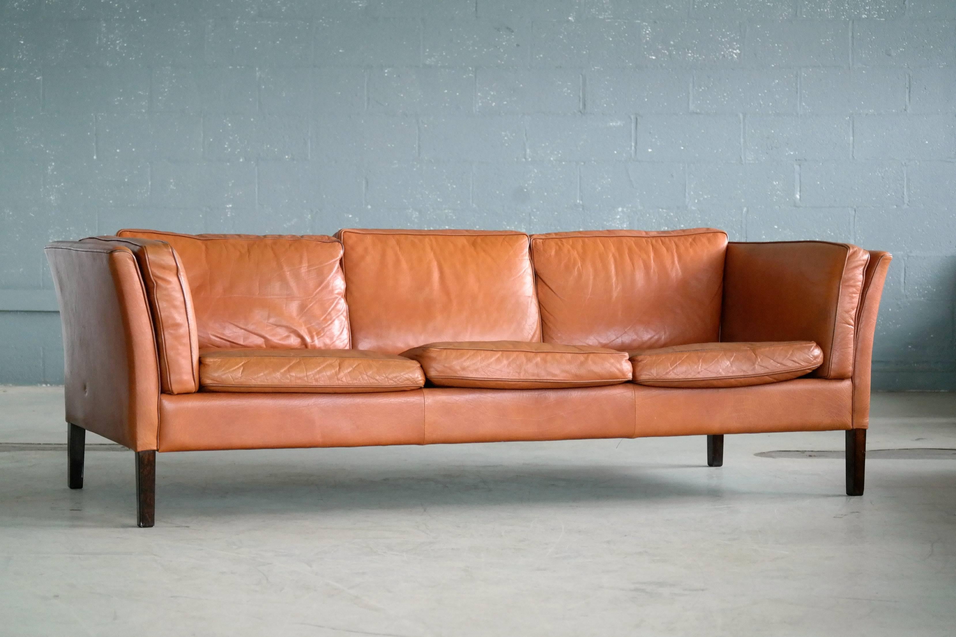 Mid-Century Modern Borge Mogensen Style Danish Three-Seat Leather Sofa in Patinated Cognac Leather