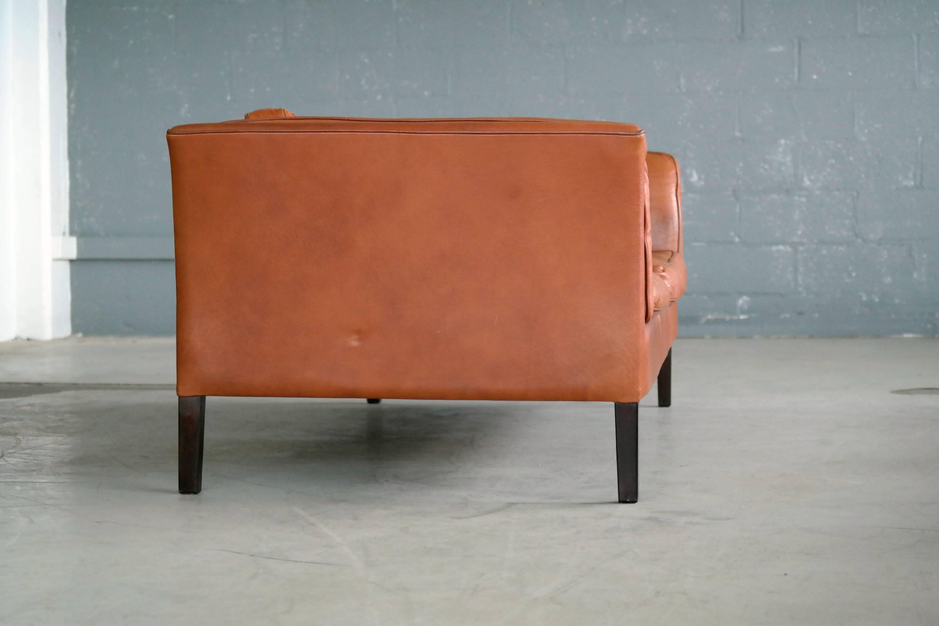 Borge Mogensen Style Danish Three-Seat Leather Sofa in Patinated Cognac Leather 3