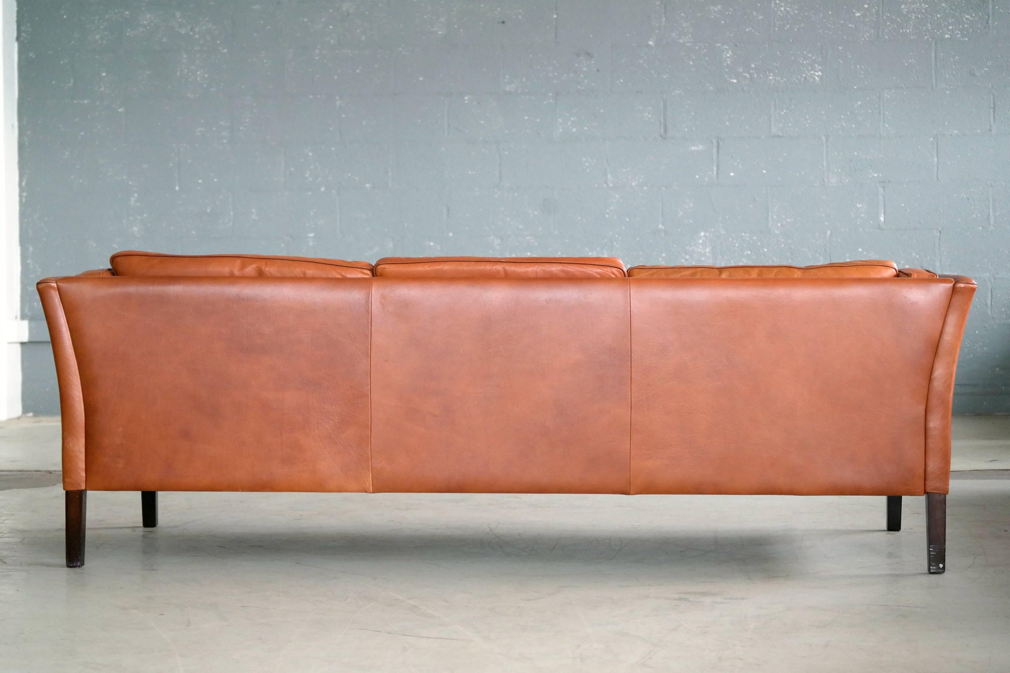 Borge Mogensen Style Danish Three-Seat Leather Sofa in Patinated Cognac Leather 4