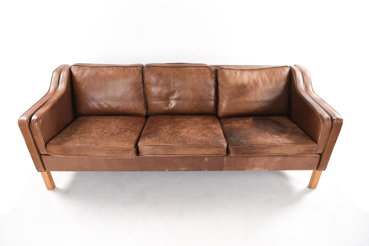 Borge Mogensen Style Danish Midcentury Leather Sofa In Good Condition In Norwalk, CT