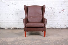Borge Mogensen Style Dänisch Modern Braun Leder Wingback Lounge Chair