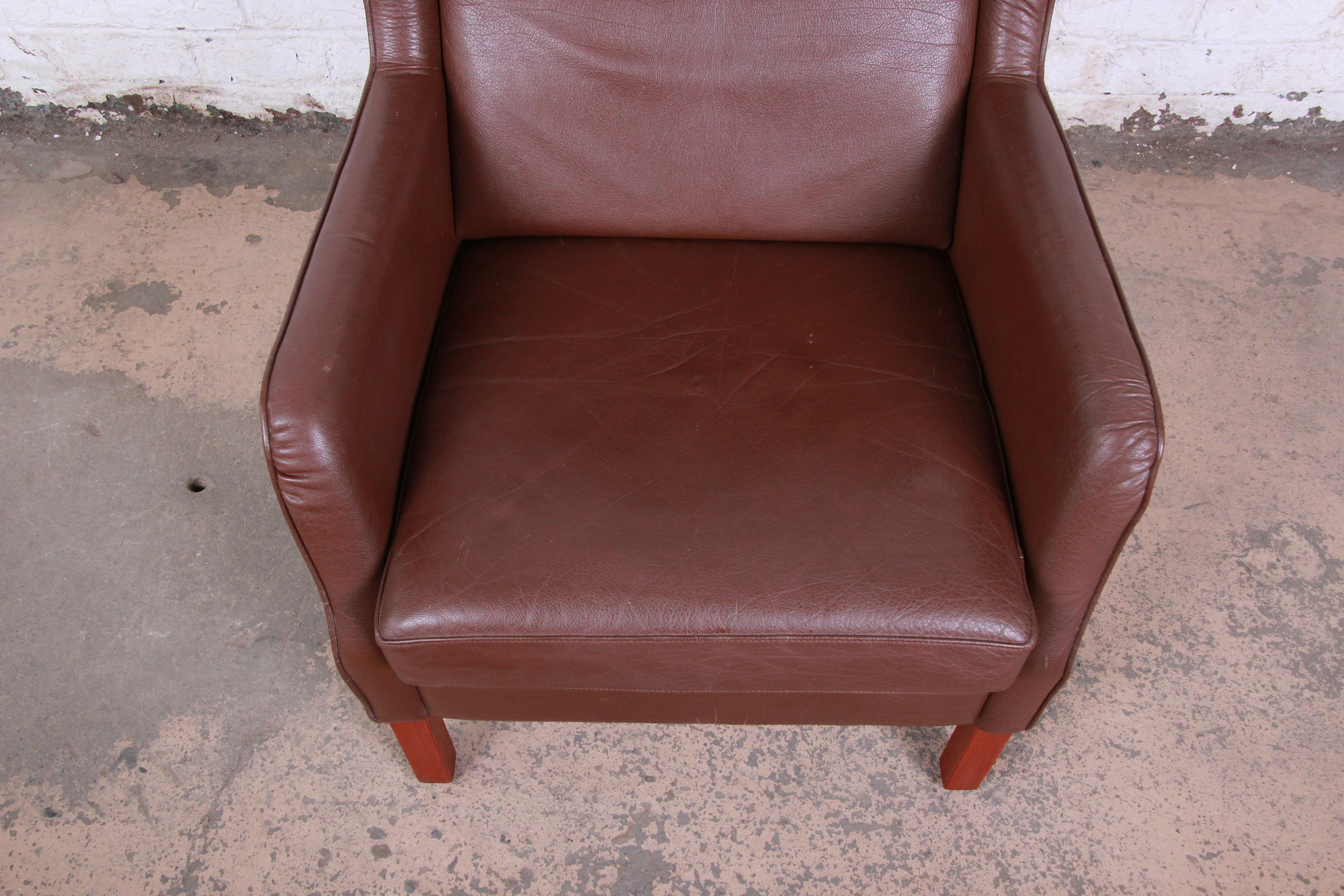 Mid-Century Modern Borge Mogensen Style Danish Modern Brown Leather Wingback Lounge Chair