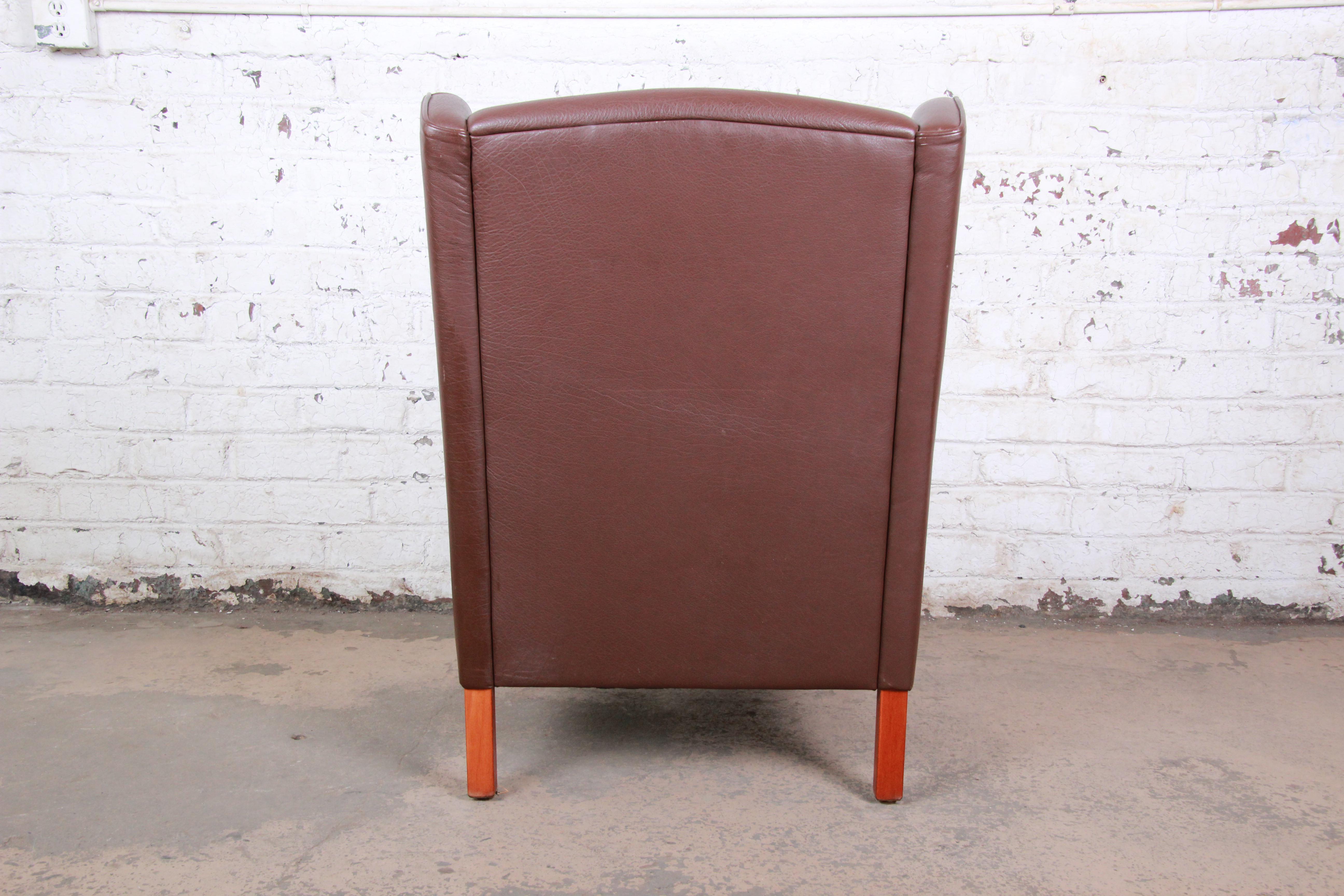 20th Century Borge Mogensen Style Danish Modern Brown Leather Wingback Lounge Chair