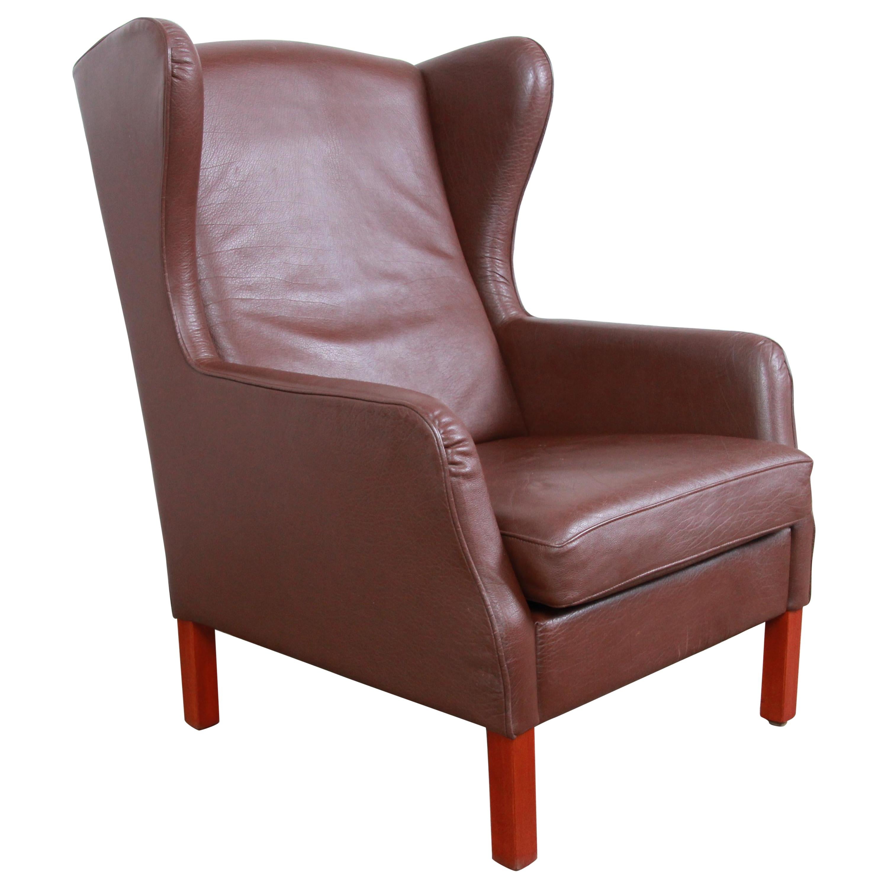 Borge Mogensen Style Danish Modern Brown Leather Wingback Lounge Chair